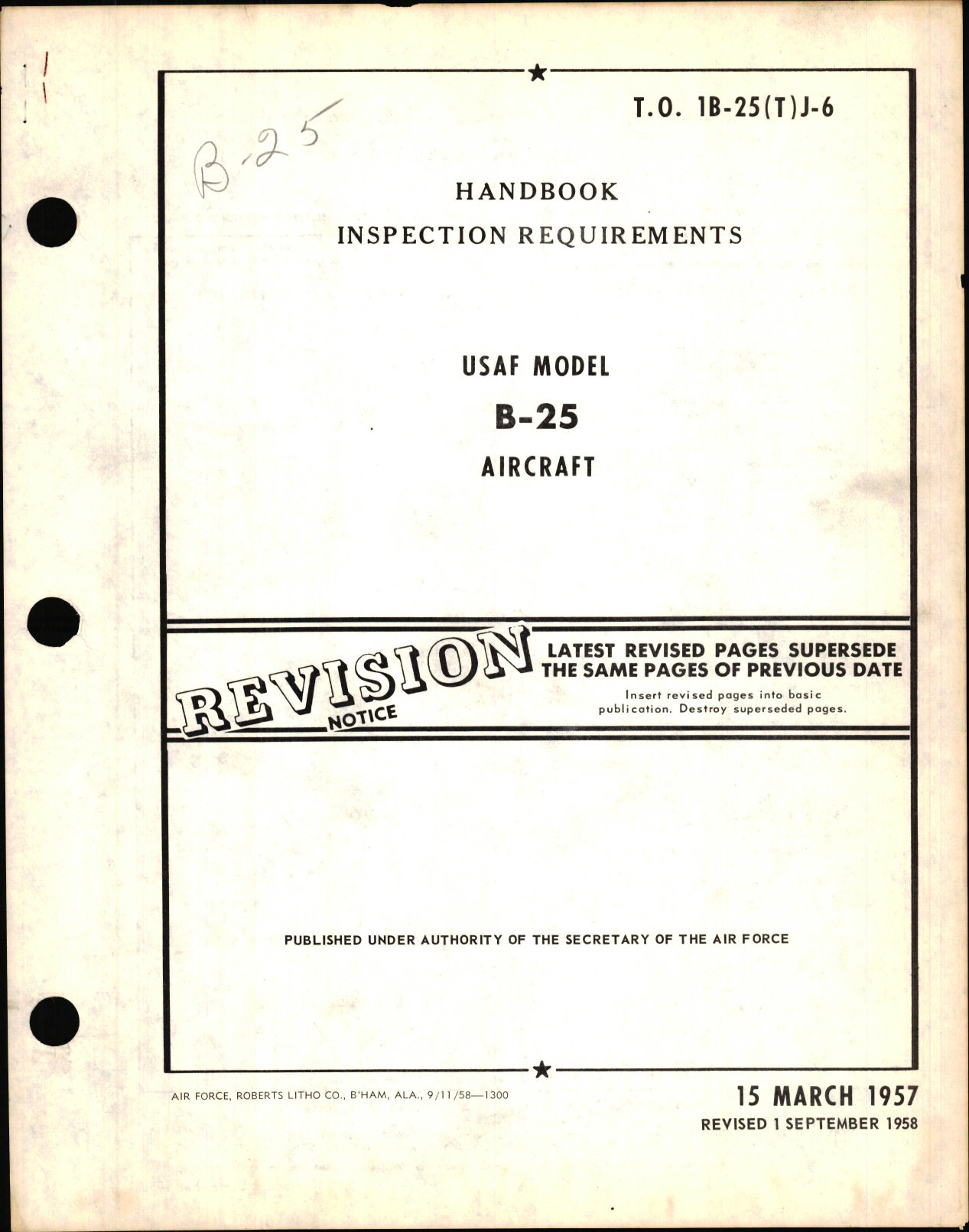 Sample page 1 from AirCorps Library document: Handbook of Inspection Requirements for USAF Model B-25 Aircraft
