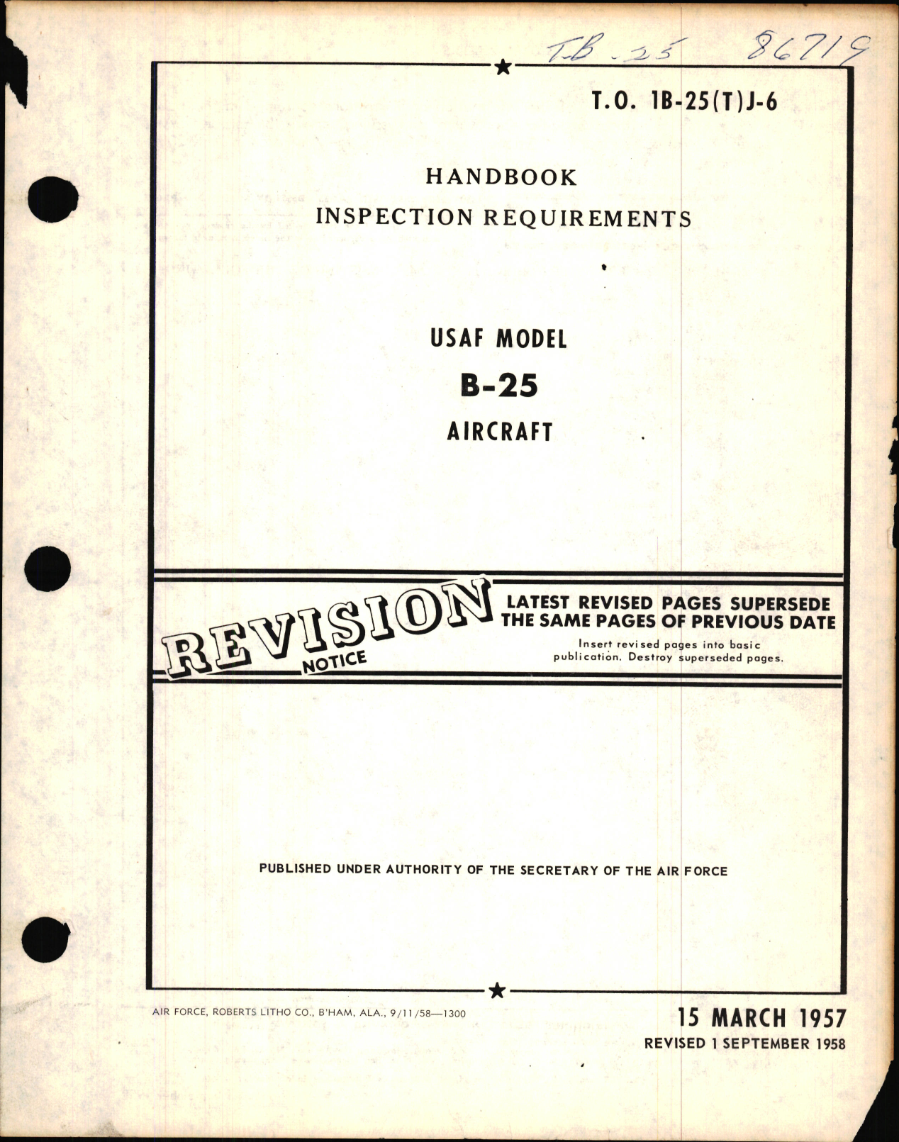 Sample page 1 from AirCorps Library document: Handbook of Inspection Requirements for USAF Model B-25 Aircraft