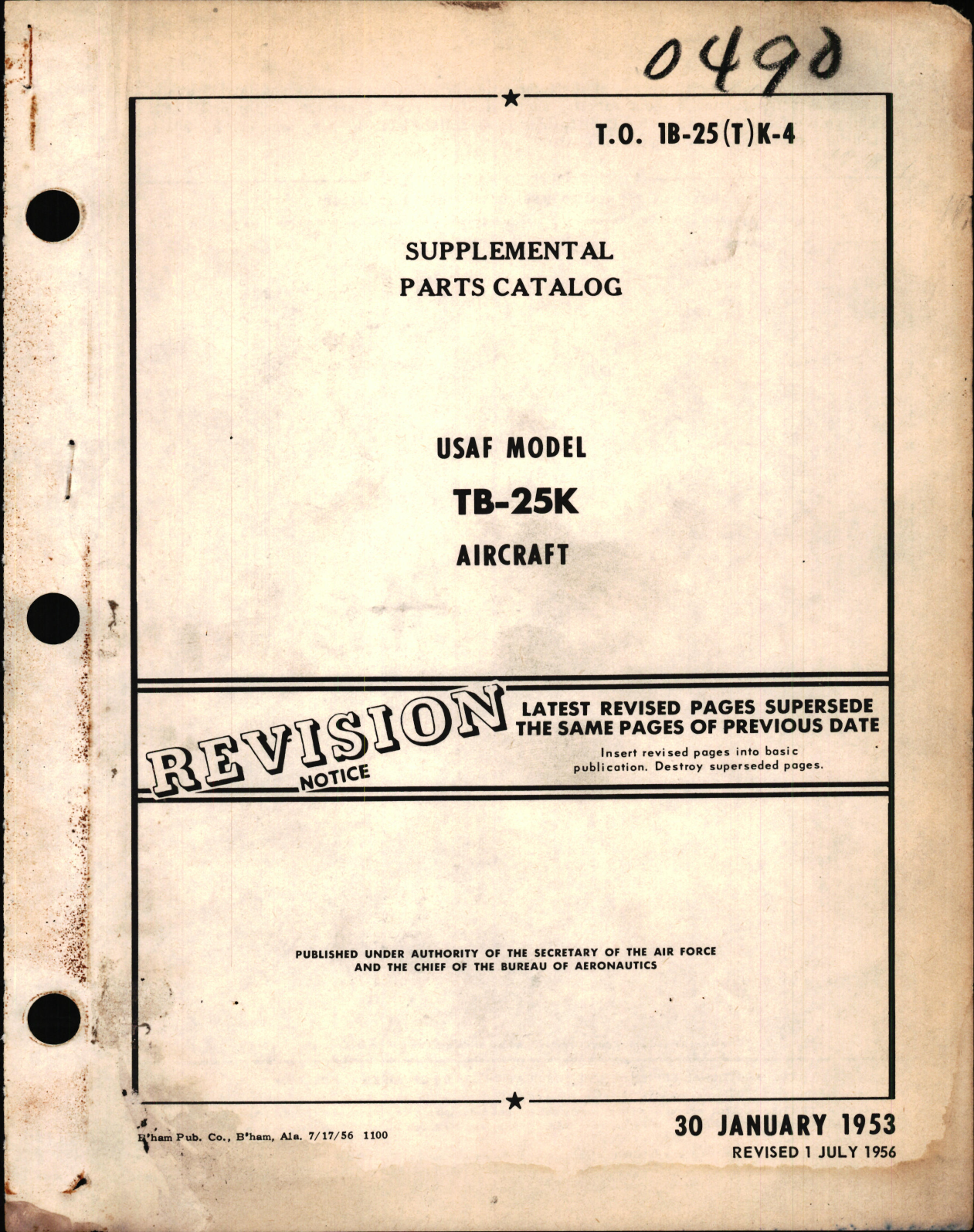 Sample page 1 from AirCorps Library document: Supplemental Parts Catalog for USAF Model TB-25K Aircraft, 