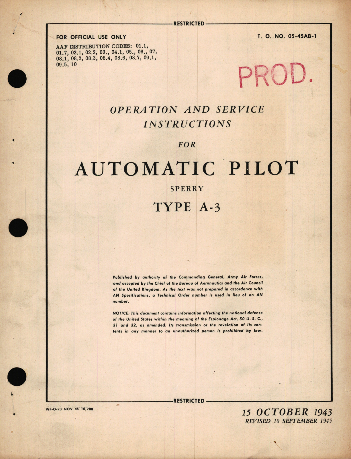 Sample page 1 from AirCorps Library document: Operation and Service Instructions for Automatic Pilot Type A-3 