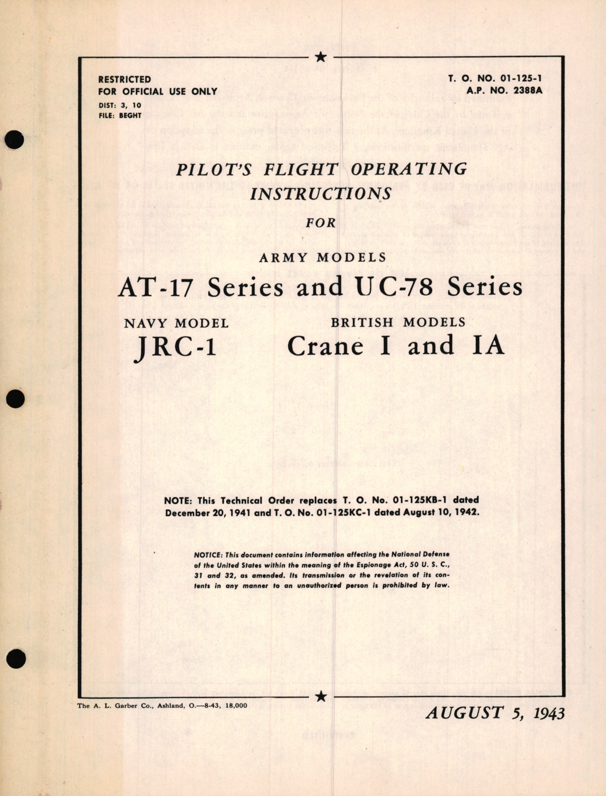 Sample page 1 from AirCorps Library document: Pilot's Flight Operating Instructions for Army Models AT-17 Series and UC-78 Series Navy Model JRC-1 British Models Crane I and IA