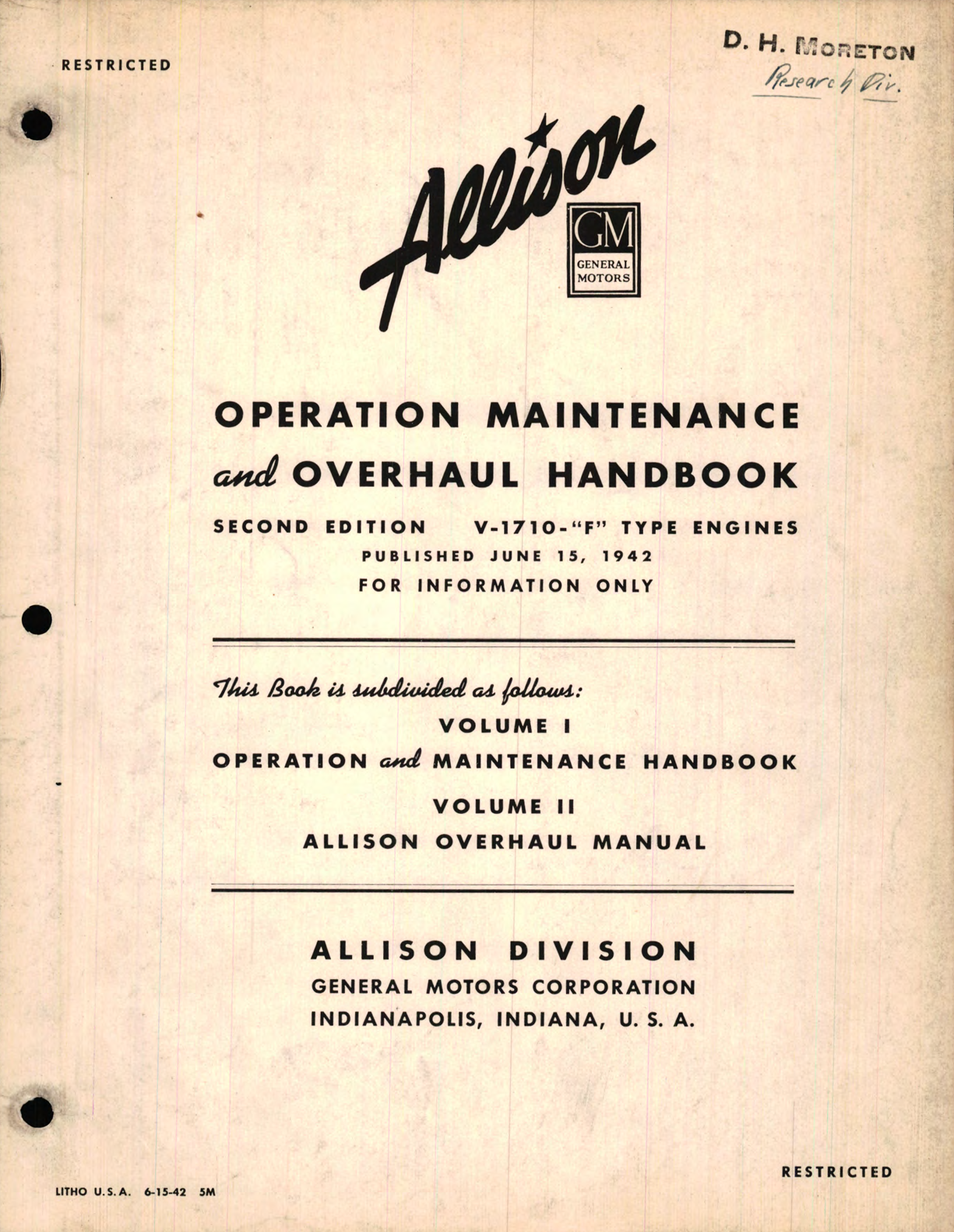 Sample page 1 from AirCorps Library document: Operation Maintenance and Overhaul Handbook for V-1710 - F Type Engines