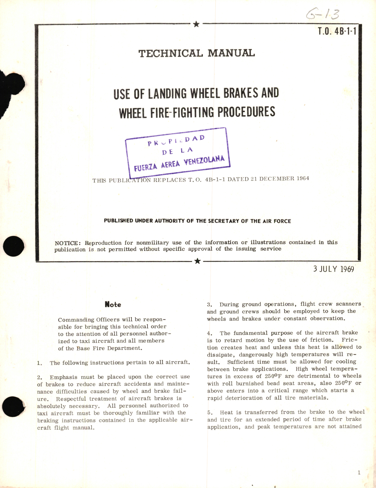 Sample page 1 from AirCorps Library document: Use of Landing Wheel Brakes and Wheel Fire-Fighting Procedures