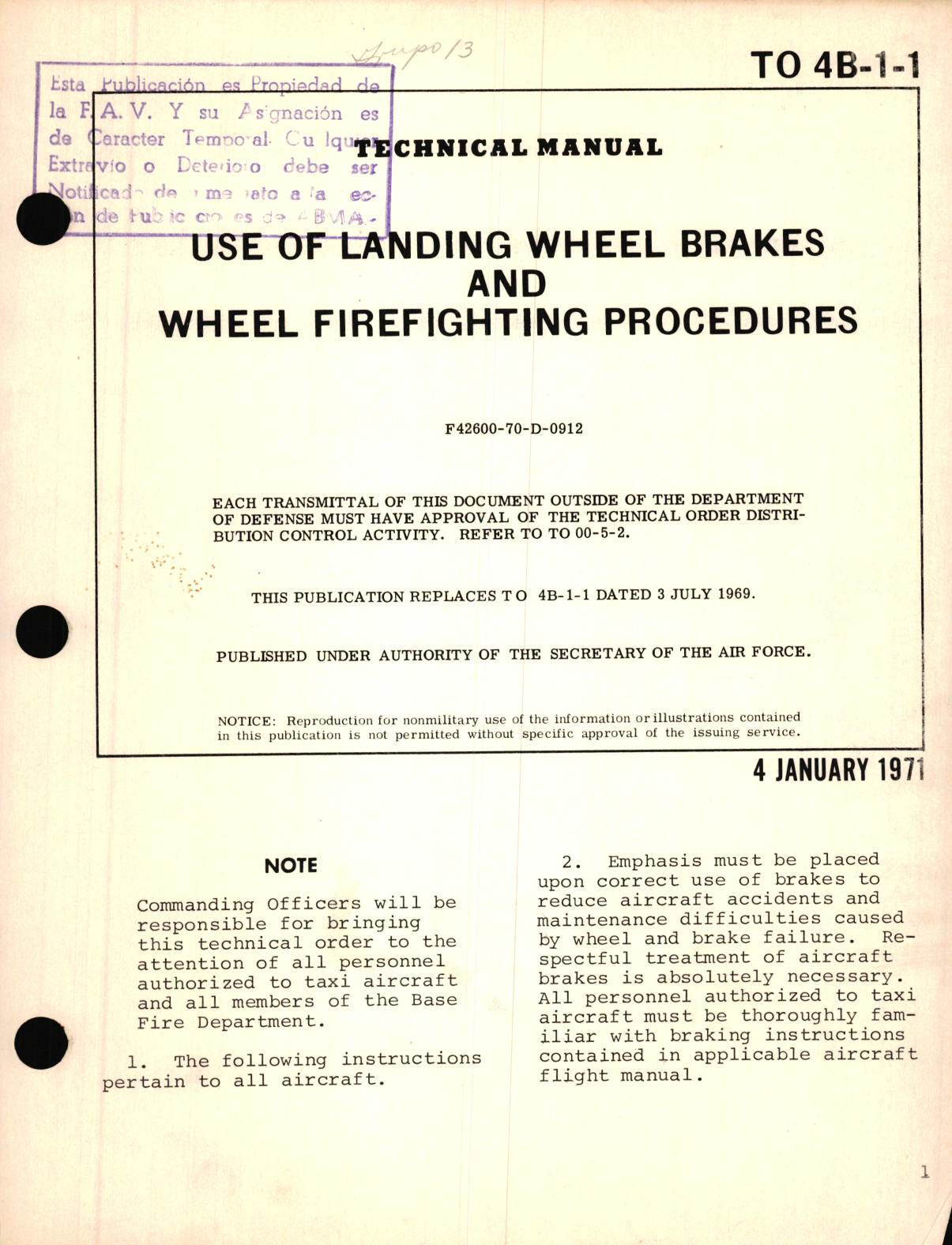 Sample page 1 from AirCorps Library document: Use of Landing Wheel Brakes and Wheel Firefighting Procedures