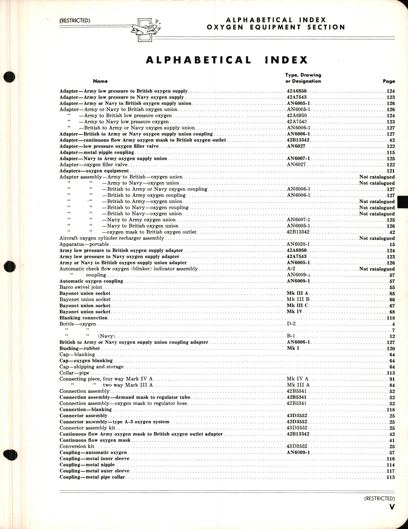 Sample page 5 from AirCorps Library document: Index of Army and Navy Aeronautical Equipment - Oxygen Equipment - Miscellaneous Equipment