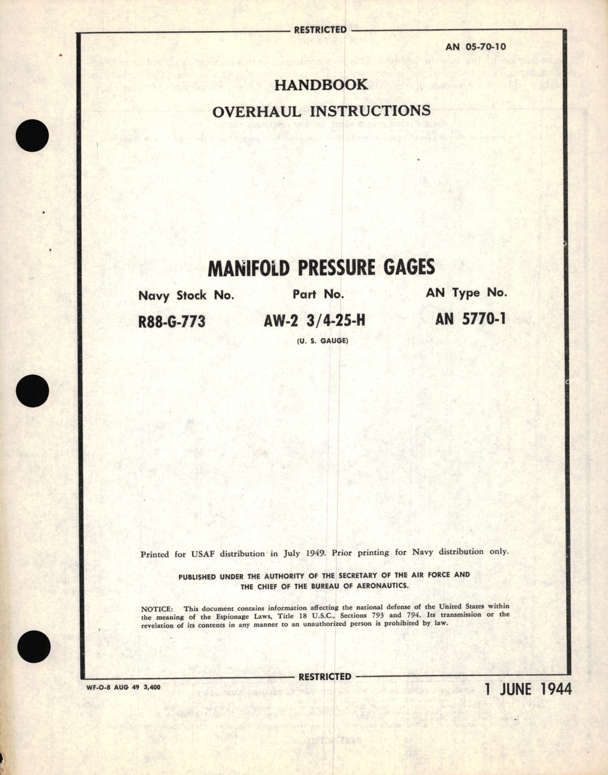 Sample page 1 from AirCorps Library document: Overhaul Instructions for Manifold Pressure Gages Part No. AW-2 /4-25-H  Type No. AN 5770-1