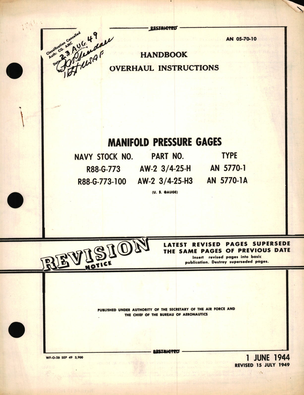 Sample page 1 from AirCorps Library document: Overhaul Instructions for Manifold Pressure Gages Part No. AW-2 3,4--25-H, AW-2 3,4-25-H Type AN 5770-1, AN 5770-1A