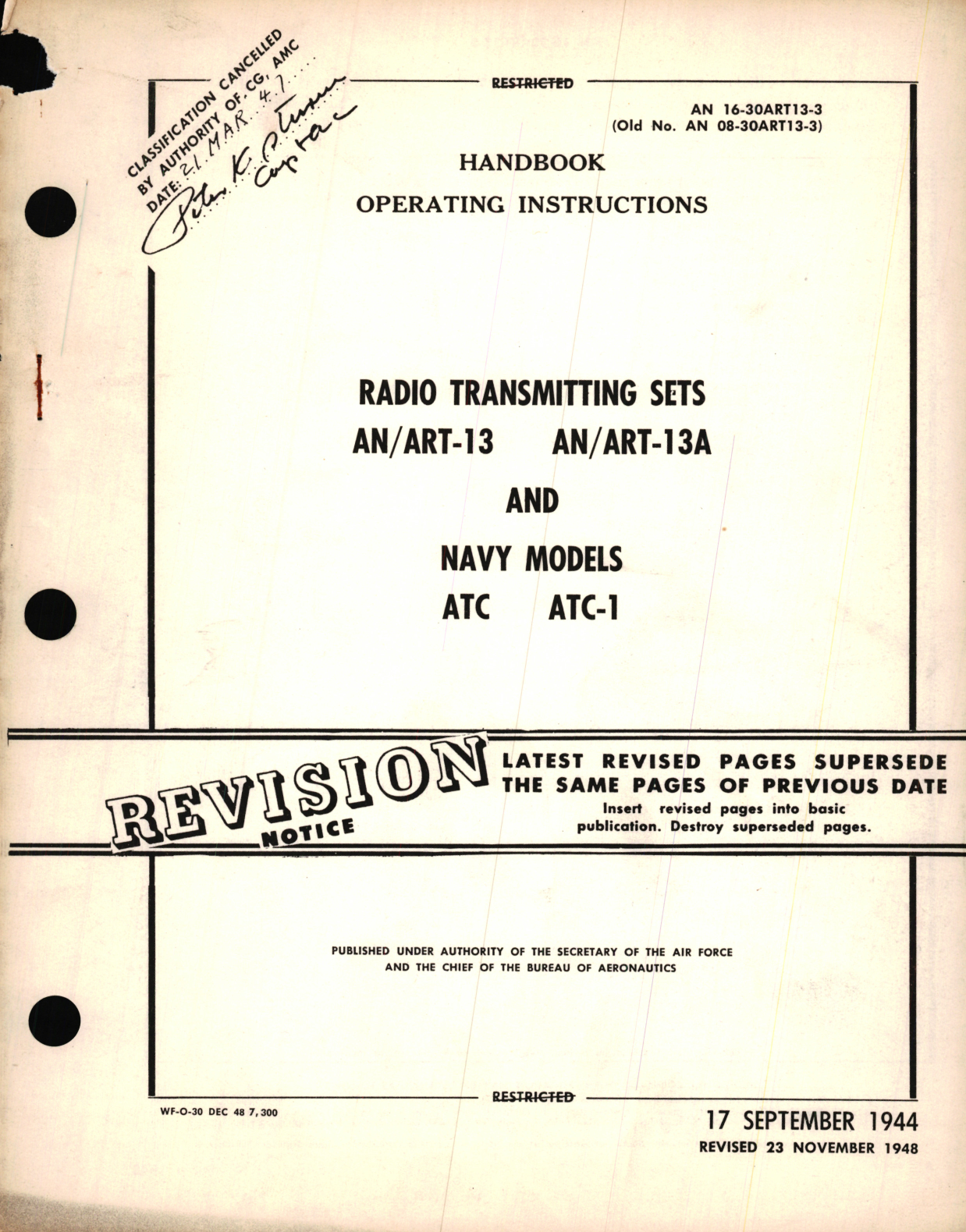 Sample page 1 from AirCorps Library document: Operating Instructions for Radio Transmitting Sets AN/ART-13, AN/ ART-13A, and Navy Models ATC, ATC-1