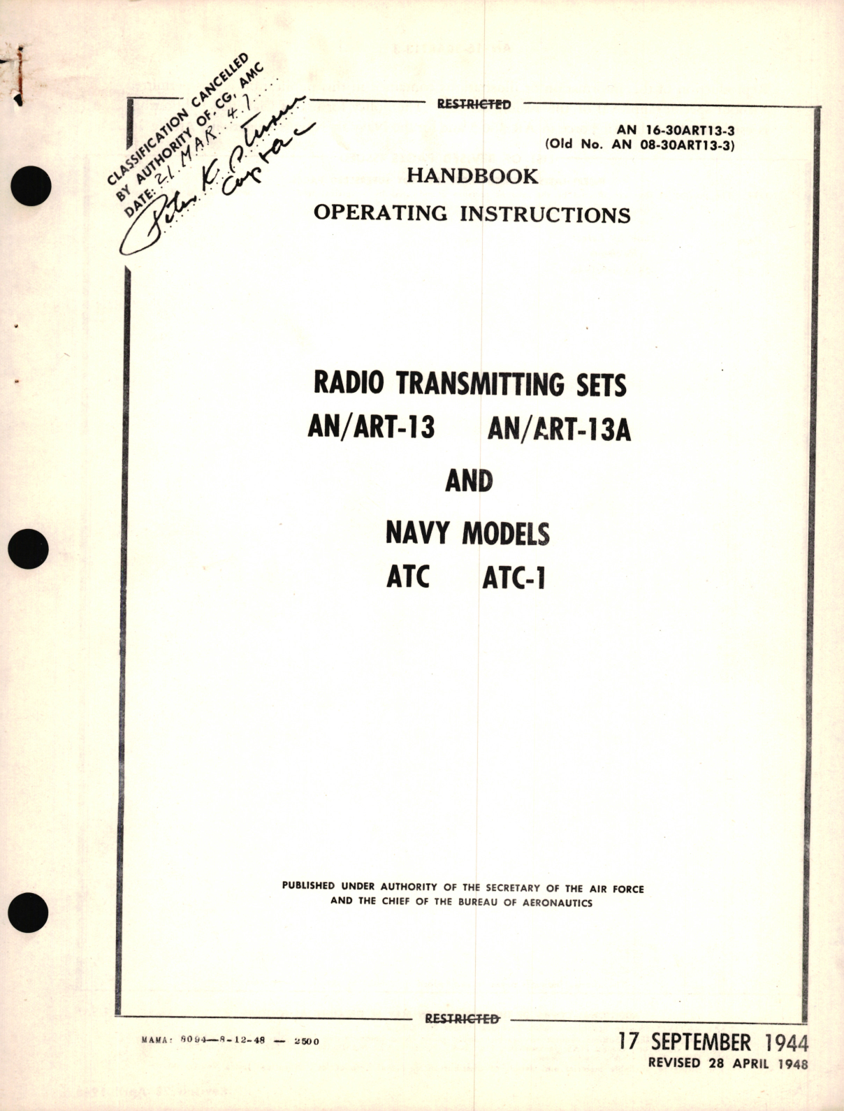 Sample page 1 from AirCorps Library document: Operating Instructions for Radio Transmitting Sets AN/ART-13, AN/ART-13A, and Navy Models ATC, ATC-1