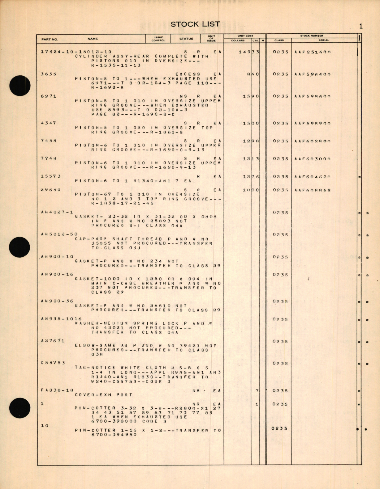 Sample page 9 from AirCorps Library document: Stock List Class 02-H (Code 0235), Parts for Pratt and Whitney Engines