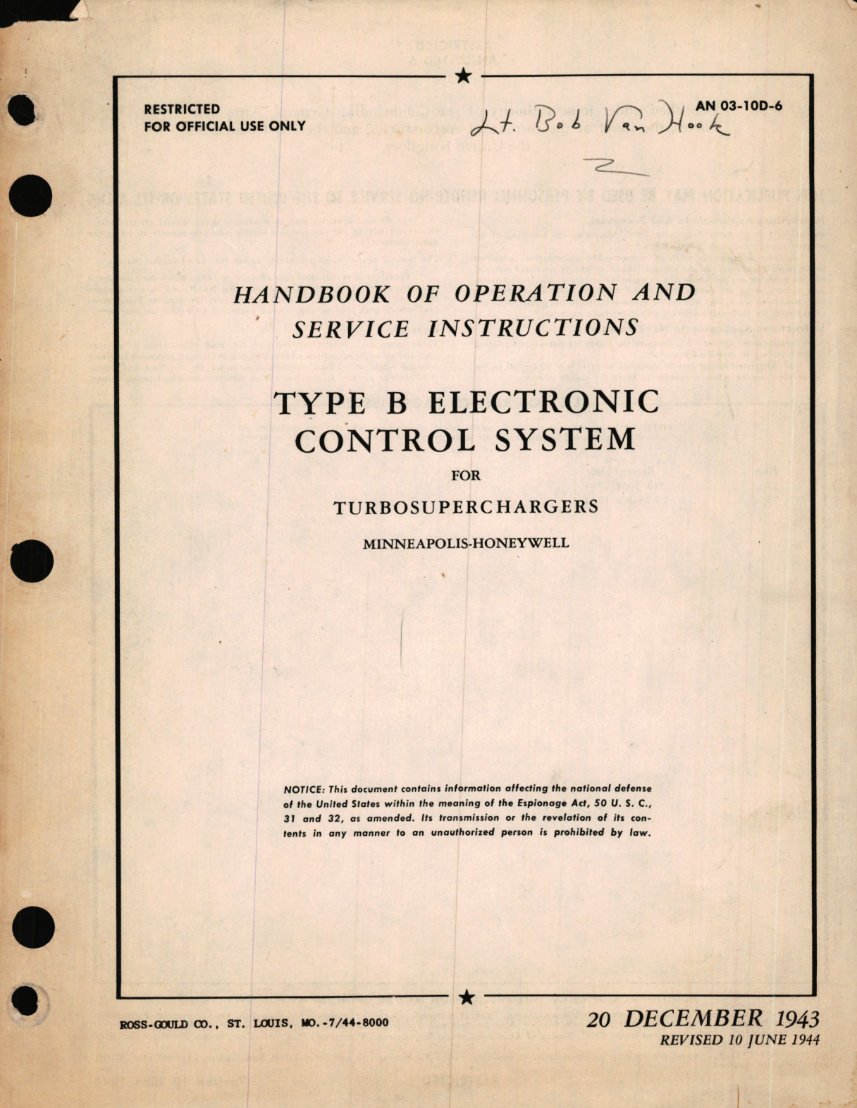 Sample page 1 from AirCorps Library document: Operation and Service Instructions for Type B Electronic Control System for Turbosuperchargers 