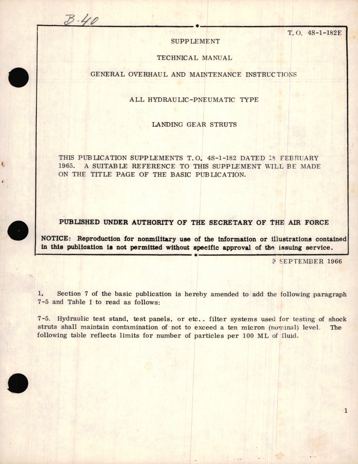 Sample page 1 from AirCorps Library document: Supplement, General Overhaul and Maintenance Instructions for All Hydraulic-Pneumatic Type Landing Gear Struts