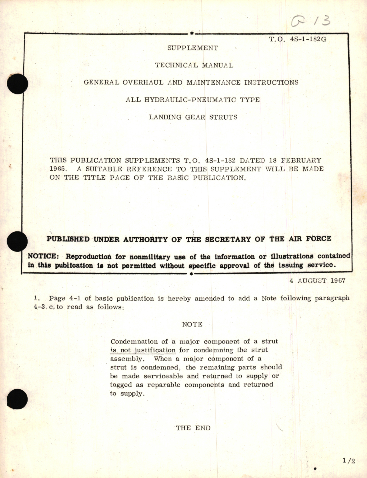 Sample page 1 from AirCorps Library document: Supplement, General Overhaul and Maintenance Instructions for All Hydraulic-Pneumatic Type Landing Gear Struts 