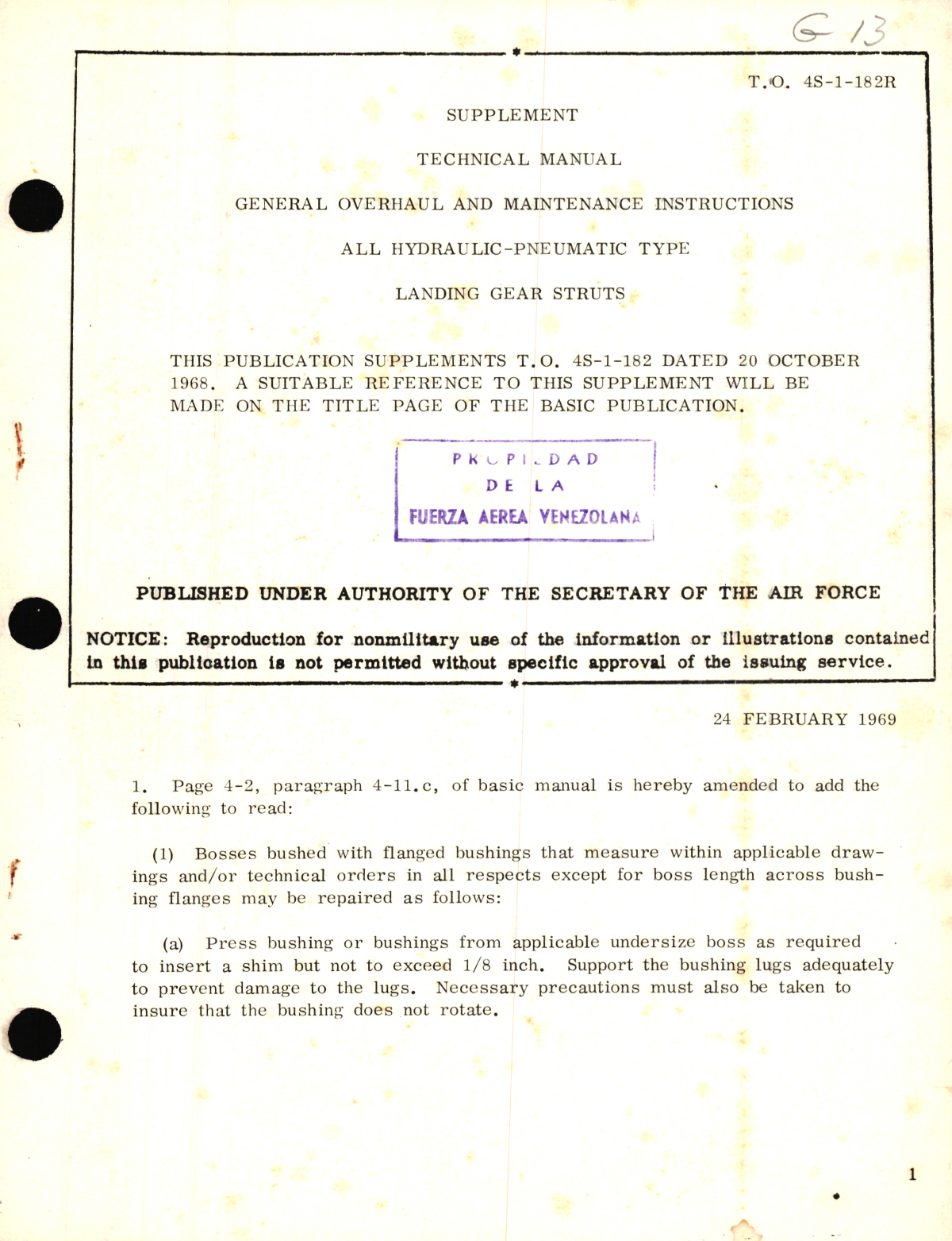 Sample page 1 from AirCorps Library document: Supplement, General Overhaul and Maintenance Instructions for All Hydraulic-Pneumatic Type Landing Gear Struts