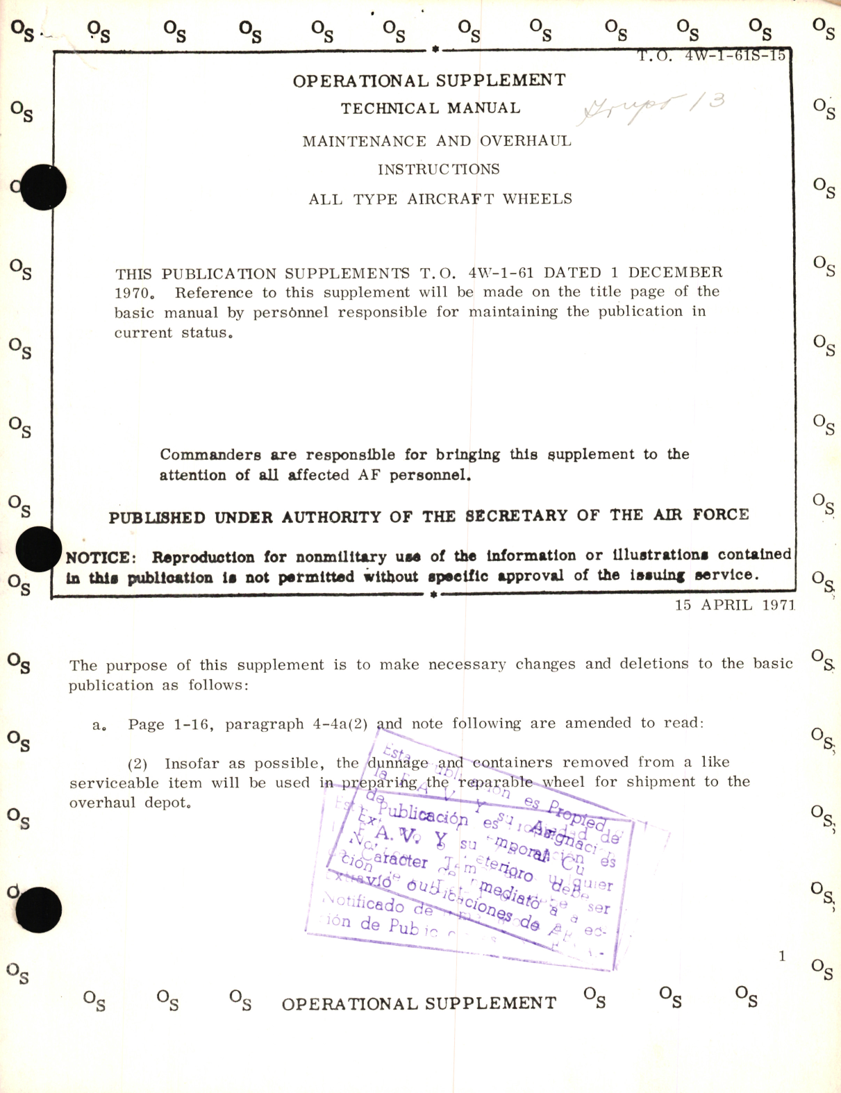 Sample page 1 from AirCorps Library document: Operational Supplement, Maintenance and Overhaul Instructions for All Type Aircraft Wheels