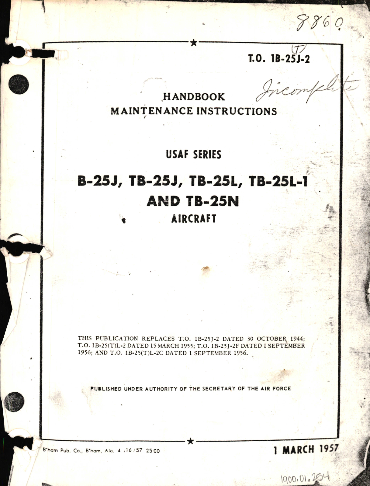 Sample page 1 from AirCorps Library document: Maintenance Instructions for B-25J, TB-25J, TB-25L, TB-25L-1, and TB-25N