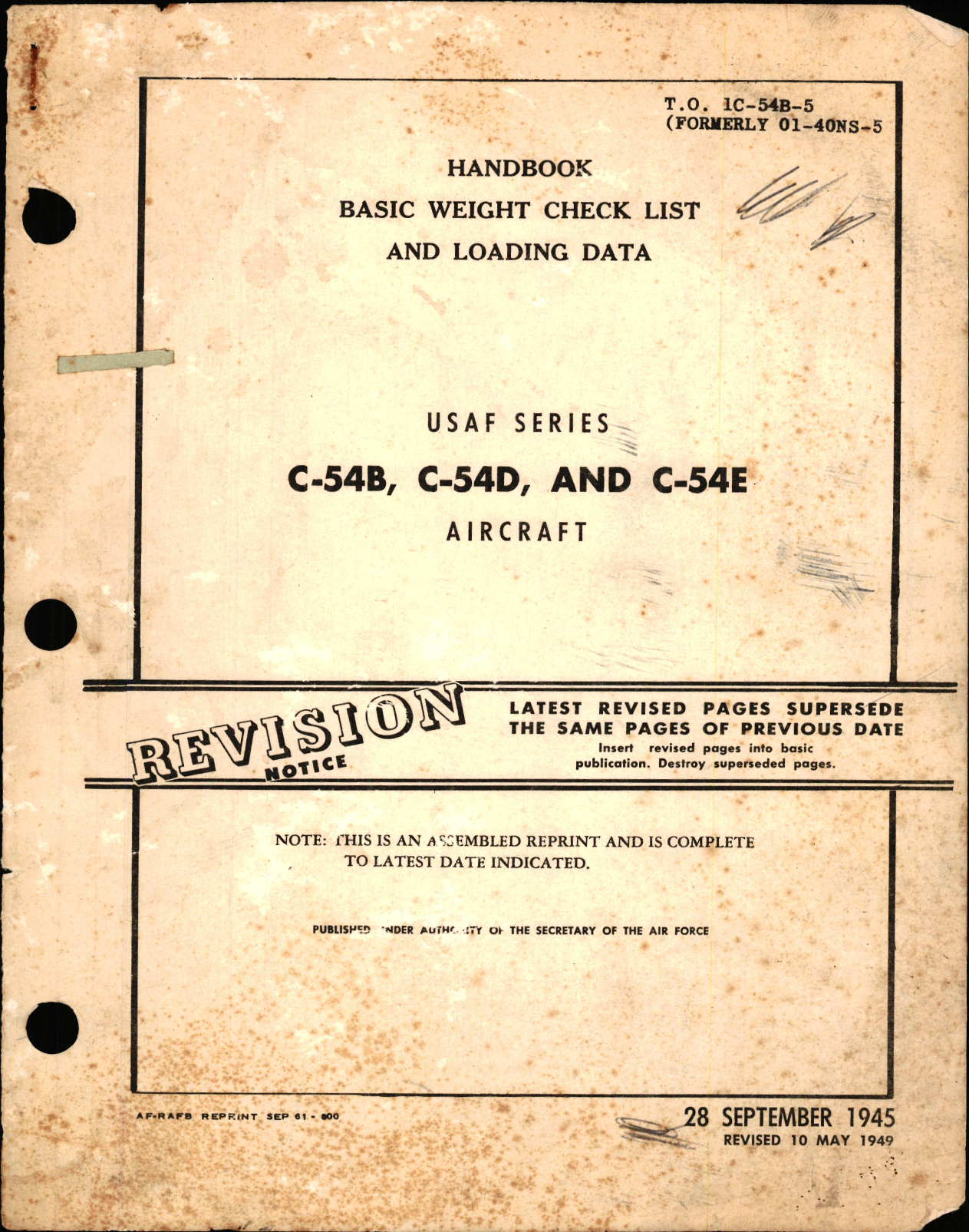 Sample page 1 from AirCorps Library document: Basic Weight Check List and Loading Data for C54B, C-54D, and C-54E