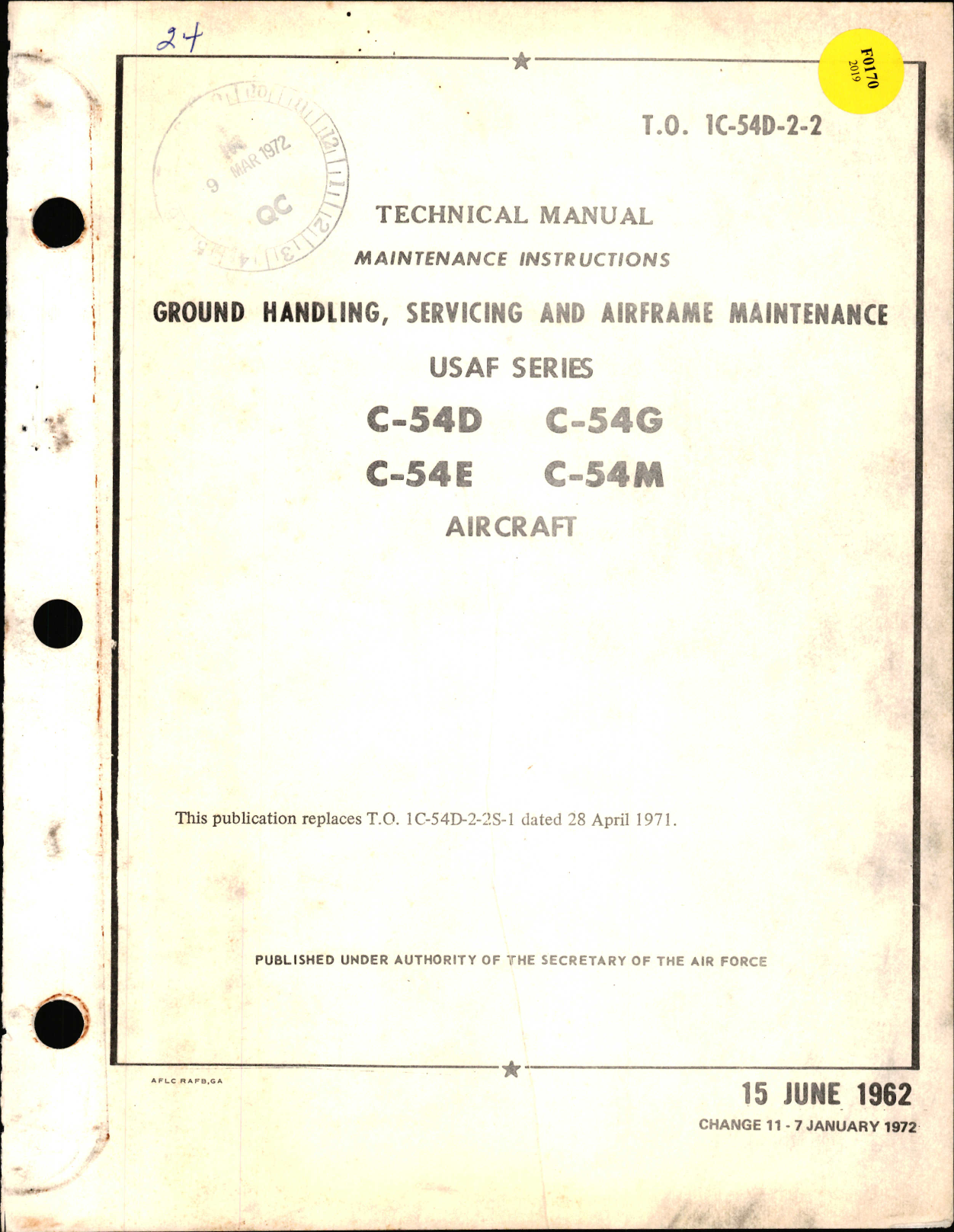 Sample page 1 from AirCorps Library document: Maintenance Instructions, Ground Handling, Servicing, and Airframe Maintenance for C-54D, D-54G, C-54E, and C-54M