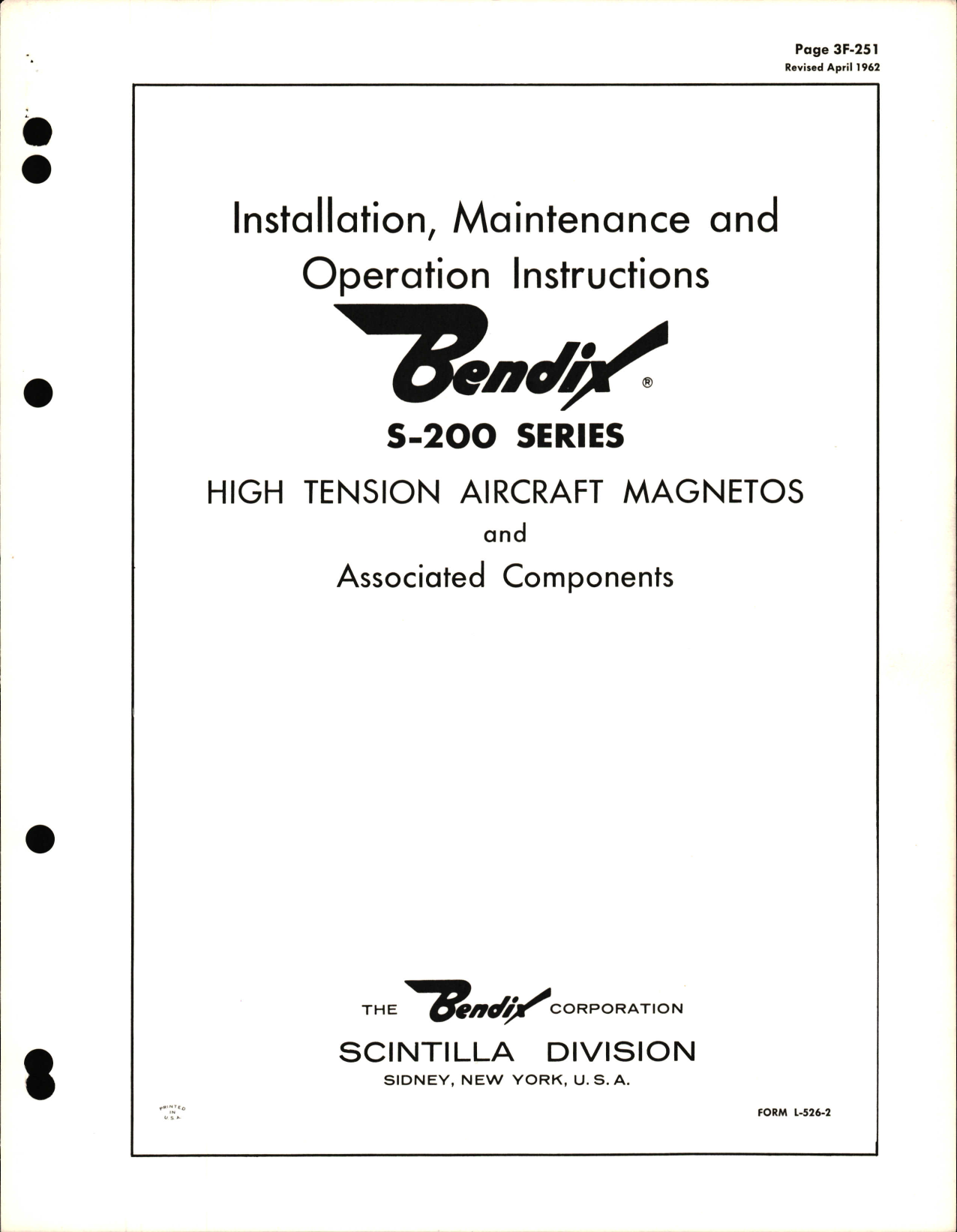 Sample page 1 from AirCorps Library document: Installation, Maintenance, and Operation Instructions for S-200 Series High Tension Aircraft Magnetos and Associated Components