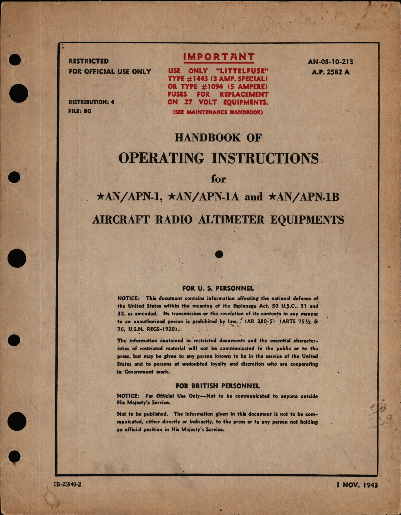 Sample page 1 from AirCorps Library document: Operating Instructions for AN & APN-1, -1A, and -1B Aircraft Radio Altimeter Equipment