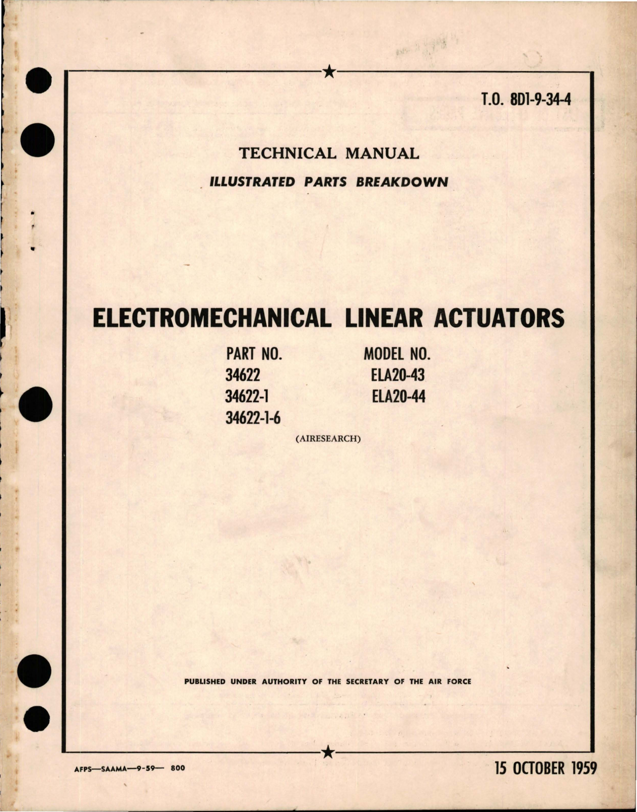 Sample page 1 from AirCorps Library document: Illustrated Parts Breakdown for Electromechanical Linear Actuators - Parts 34622, 34622-1, and 34622-1-6 - Models ELA20-43 and ELA20-44