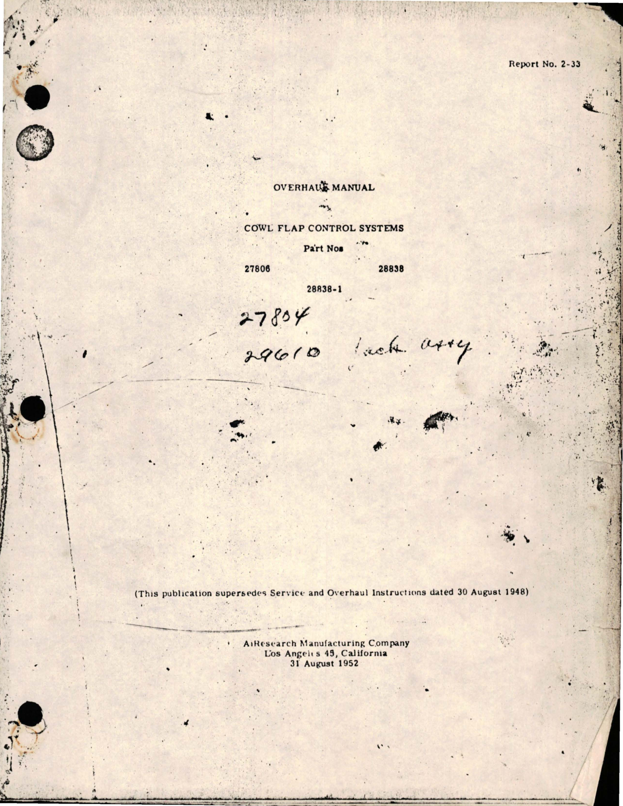 Sample page 1 from AirCorps Library document: Overhaul Manual for Cowl Flap Control Systems - Parts 27806, 28838-1, 28838