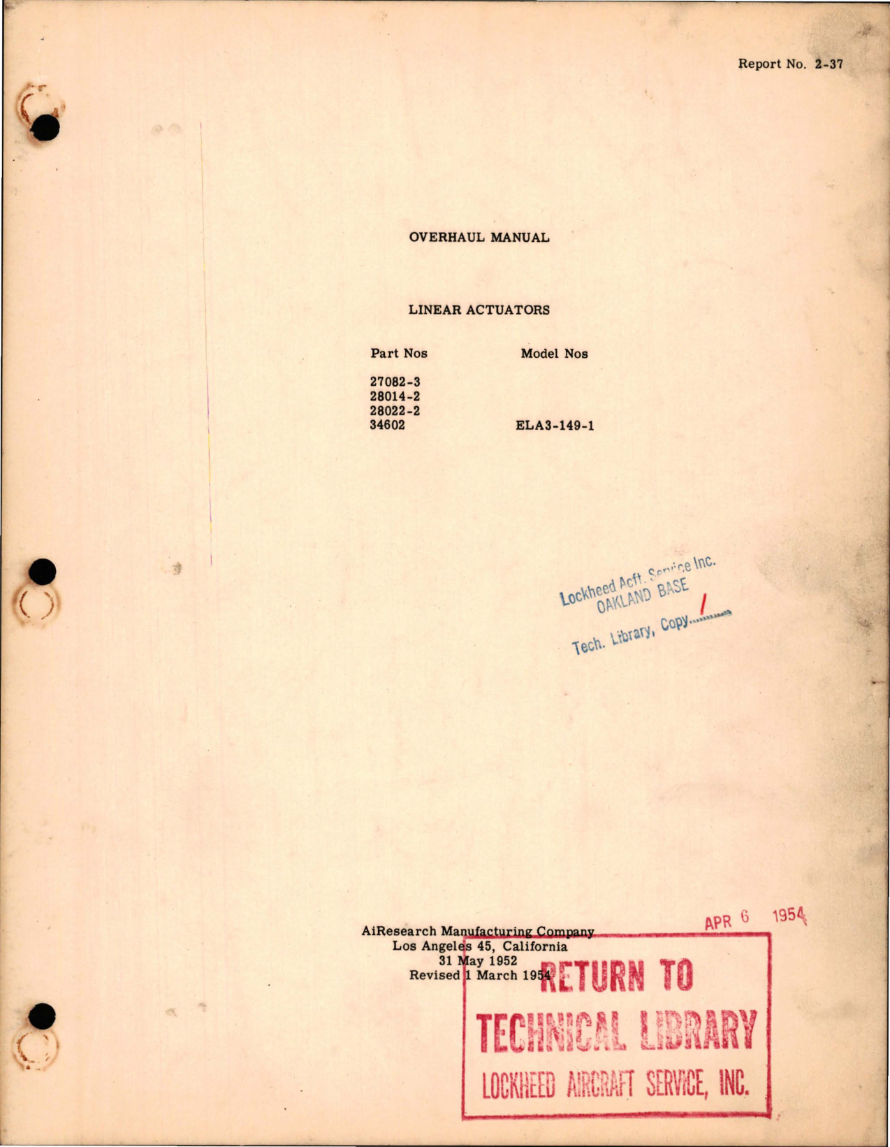 Sample page 1 from AirCorps Library document: Overhaul Manual for Linear Actuators - Parts 27082-3, 28014-2, 28022-2, and 34602