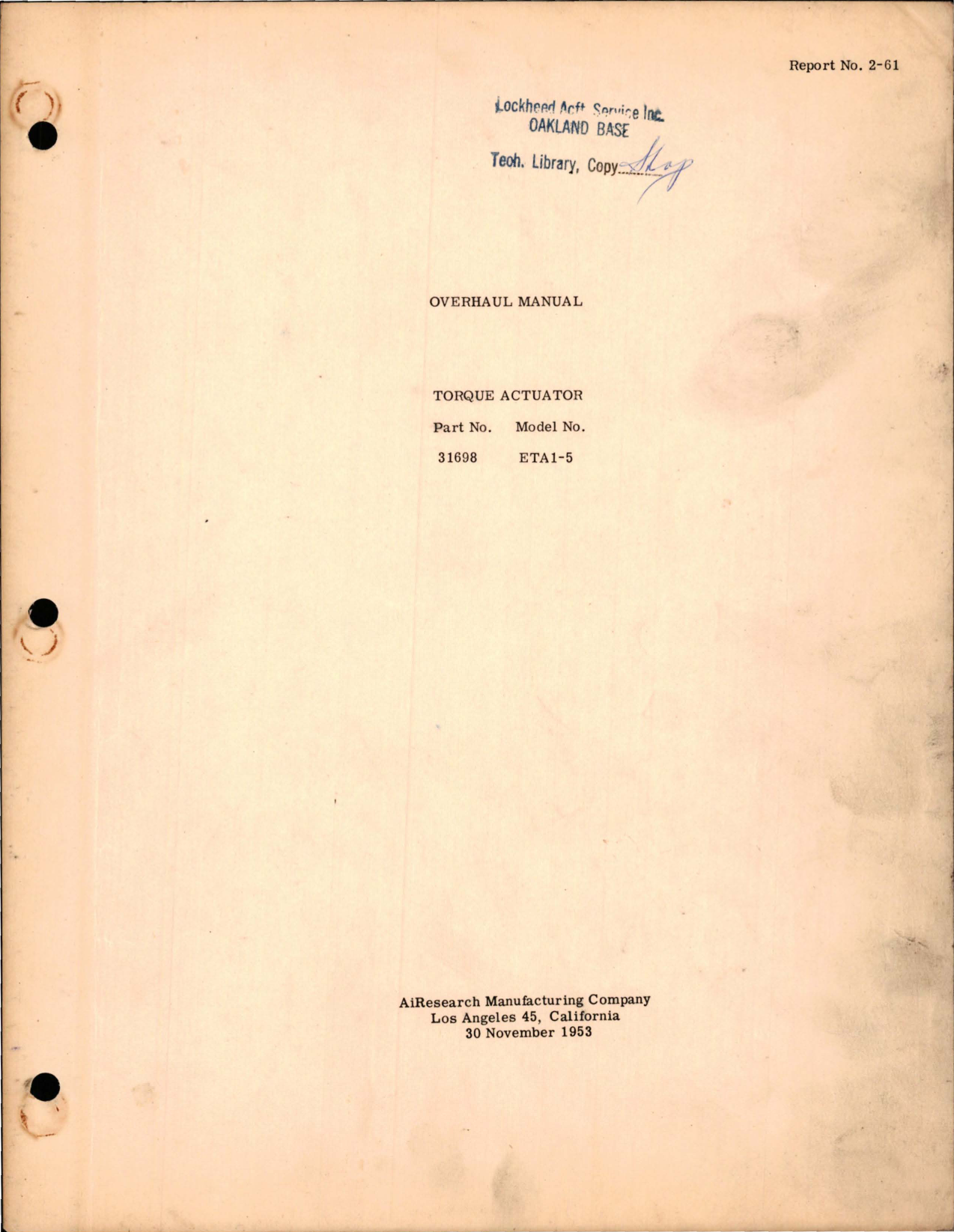 Sample page 1 from AirCorps Library document: Overhaul Manual for Torque Actuators - Part 31698, Model ETA1-5