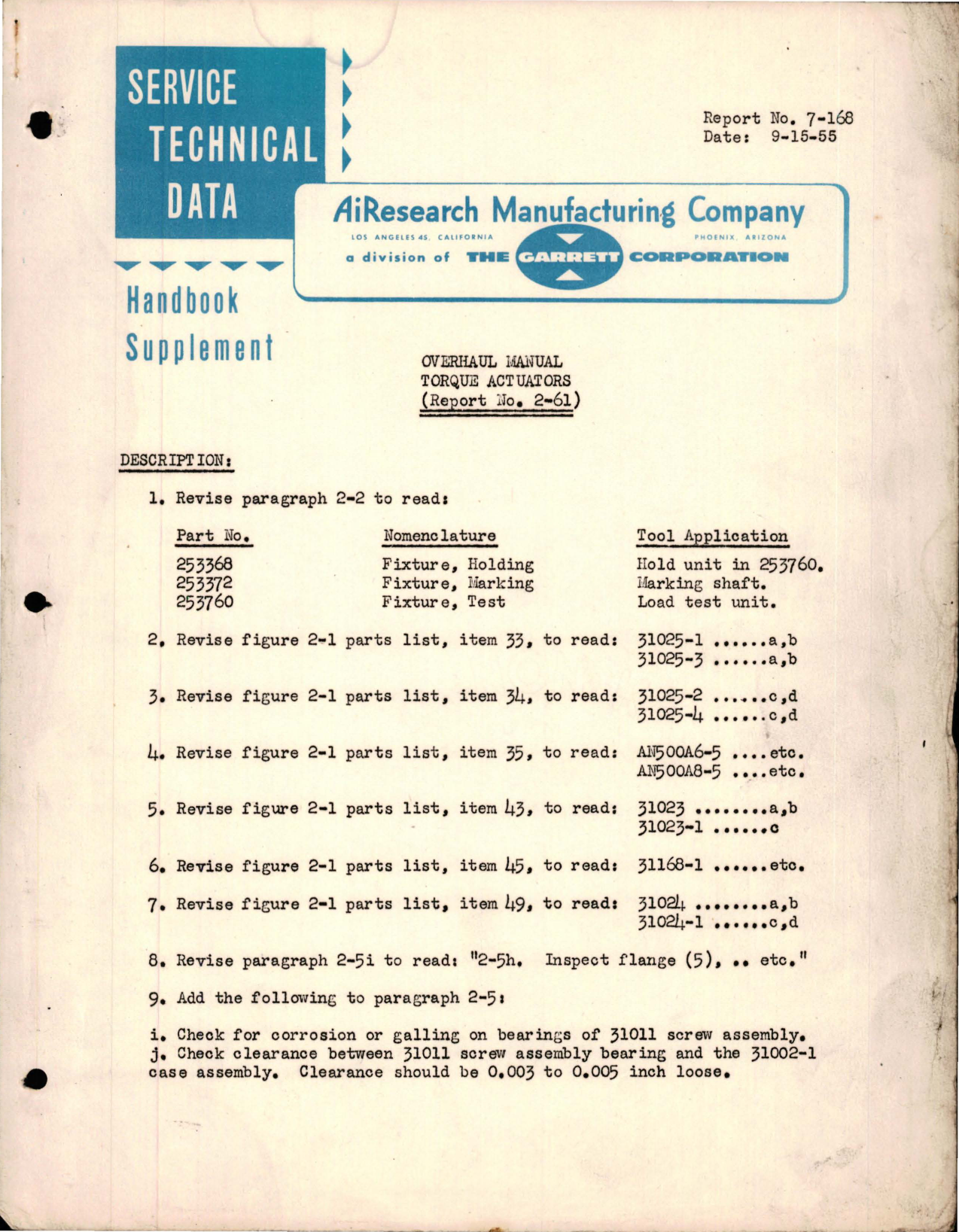 Sample page 1 from AirCorps Library document: Handbook Supplement to Overhaul Manual for Torque Actuators