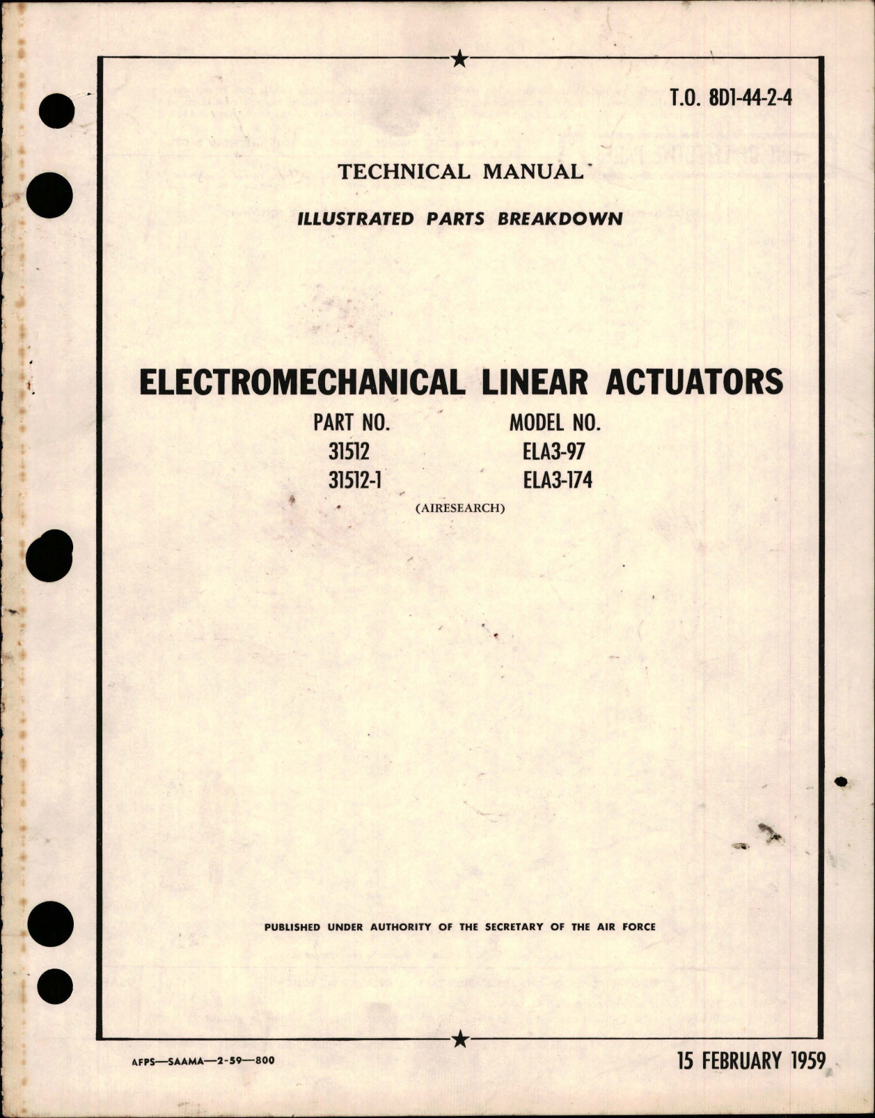 Sample page 1 from AirCorps Library document: Illustrated Parts Breakdown for Electromechanical Linear Actuators - Parts 31512 and 31512-1 - Models ELA3-97 and ELA3-174