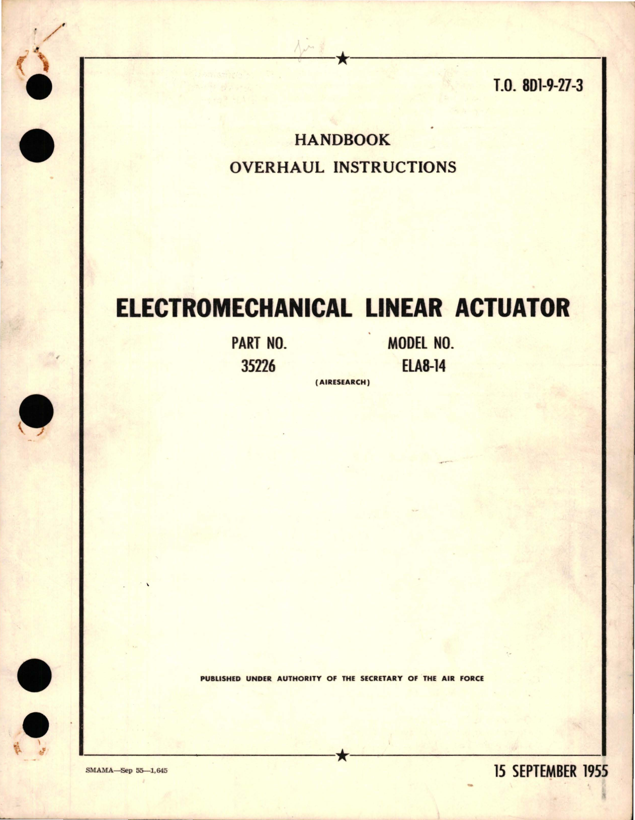 Sample page 1 from AirCorps Library document: Overhaul Instructions for Electromechanical Linear Actuator - Part 35226 - Model ELA8-14