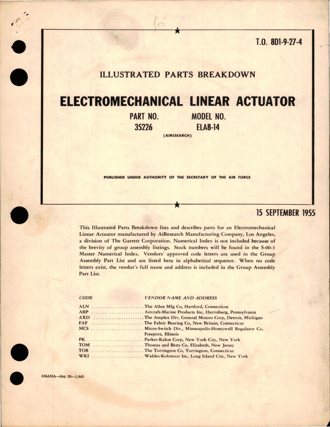 Sample page 1 from AirCorps Library document: Illustrated Parts Breakdown for Electromechanical Linear Actuator - Part 35226 - Model ELA8-14