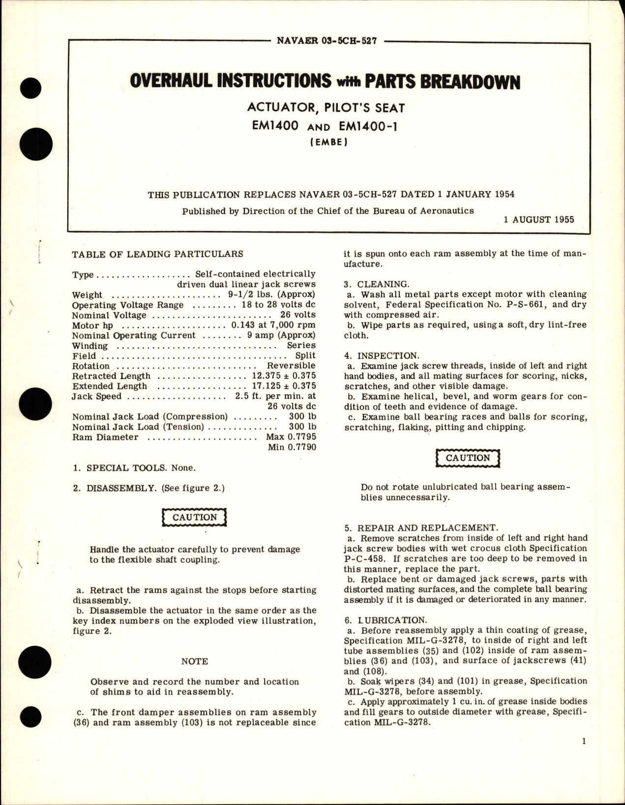 Sample page 1 from AirCorps Library document: Overhaul Instructions with Parts Breakdown for Pilot's Seat Actuator - EM1400 and EM1400-1