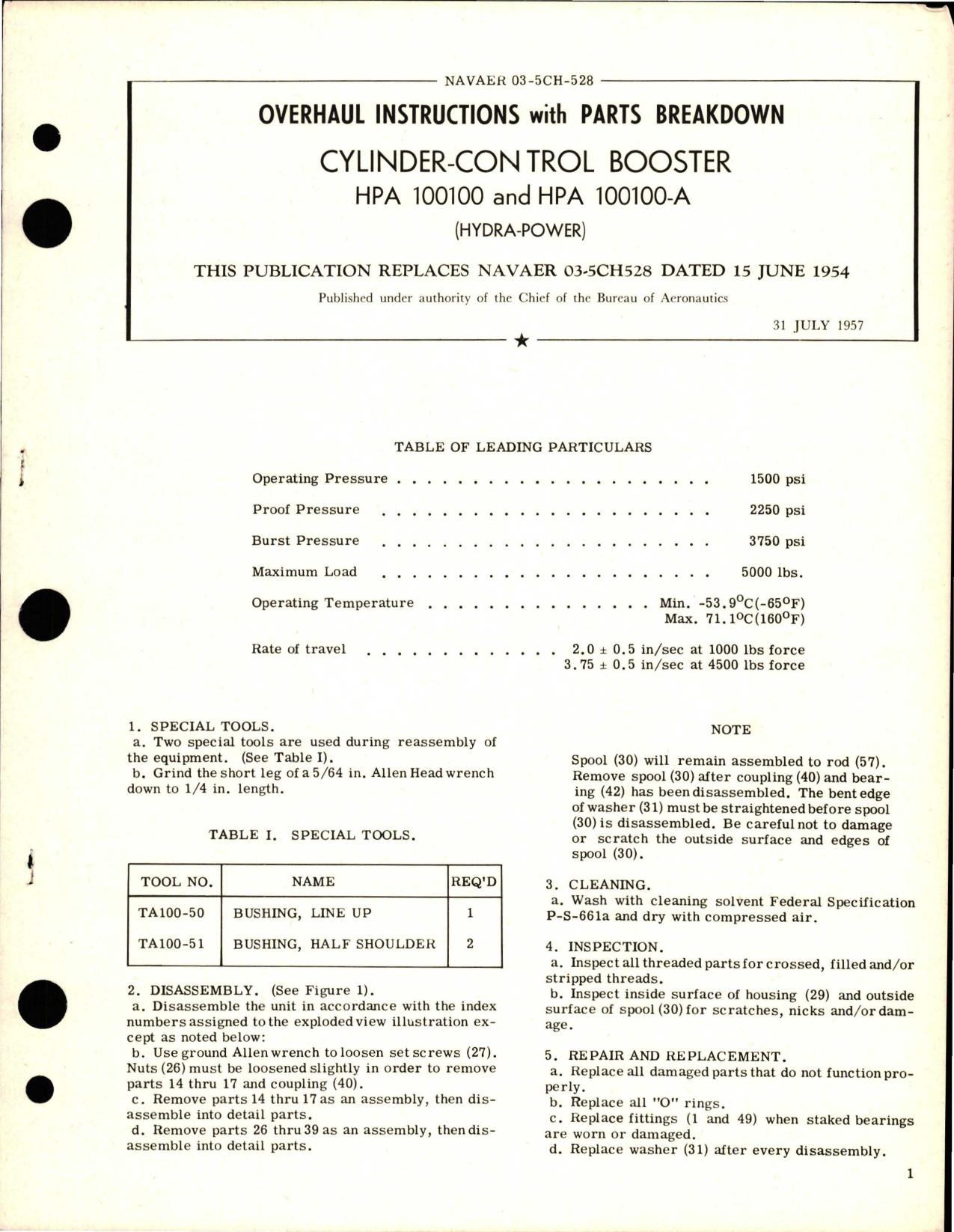 Sample page 1 from AirCorps Library document: Overhaul Instructions with Parts Breakdown for Cylinder-Control Booster - HPA 100100 and HPA 100100-A 