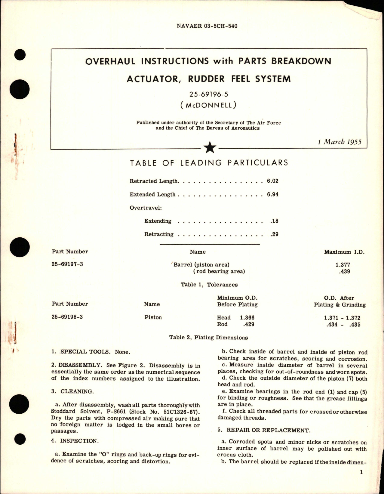 Sample page 1 from AirCorps Library document: Overhaul Instructions w Parts Breakdown for Rudder Feel System Actuator - 25-69196-5