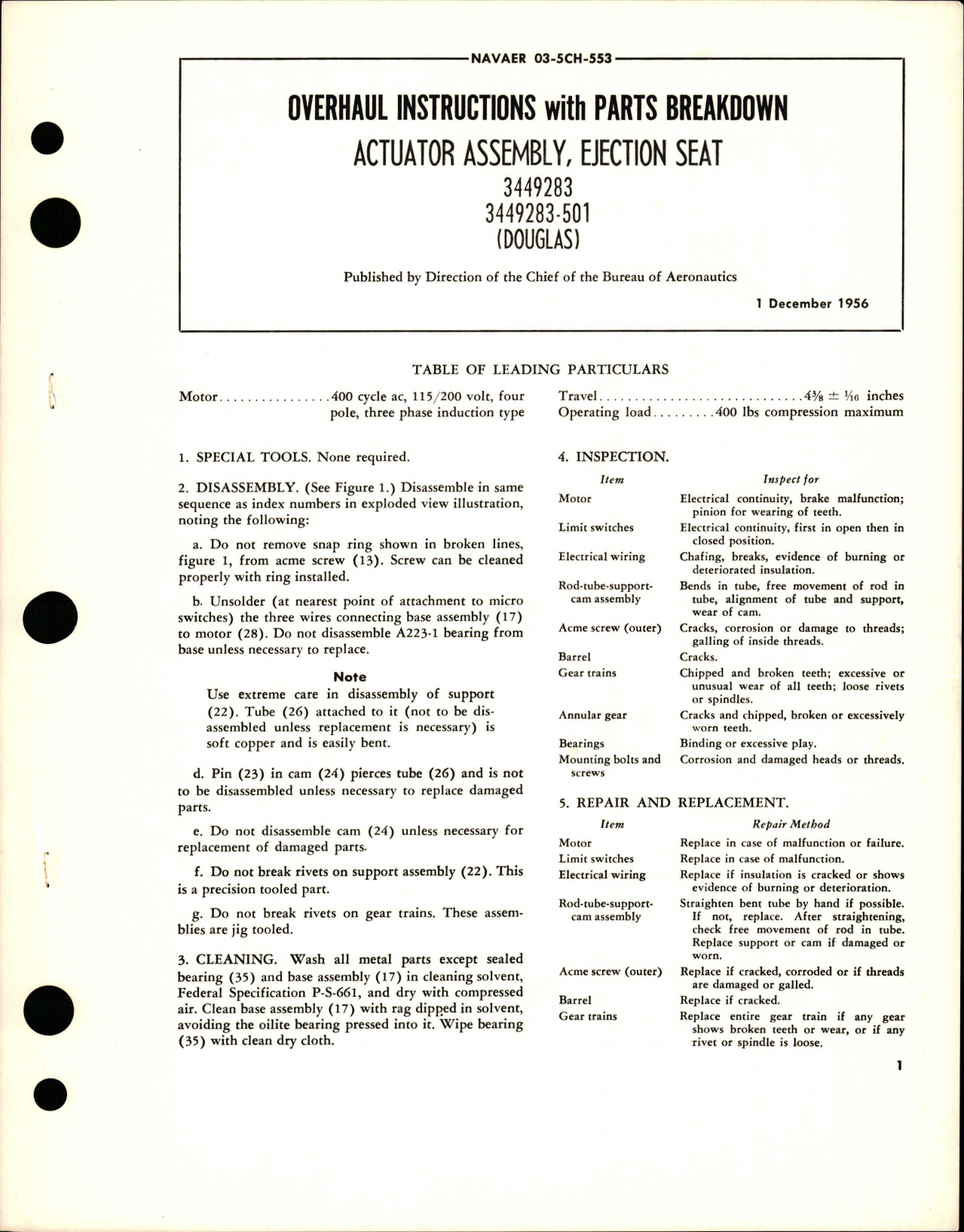 Sample page 1 from AirCorps Library document: Overhaul Instructions with Parts Breakdown for Ejection Seat Actuator Assembly - 3449283 and 3449283-501