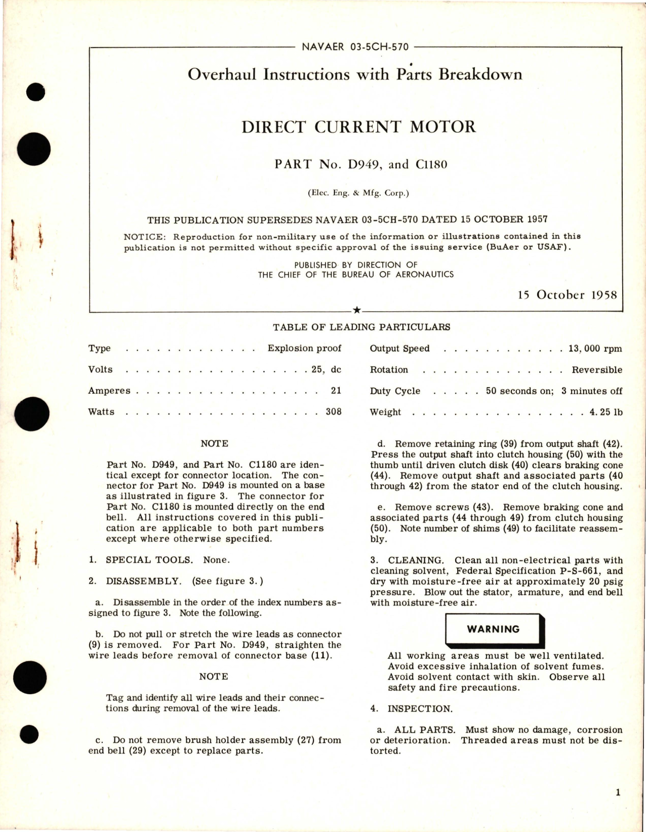 Sample page 1 from AirCorps Library document: Overhaul Instructions with Parts for Direct Current Motor - Part D949, C1180 
