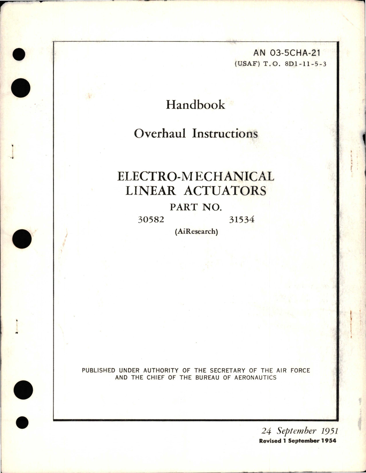 Sample page 1 from AirCorps Library document: Overhaul Instructions for Electro-Mechanical Linear Actuators - Parts 30582 and 31534