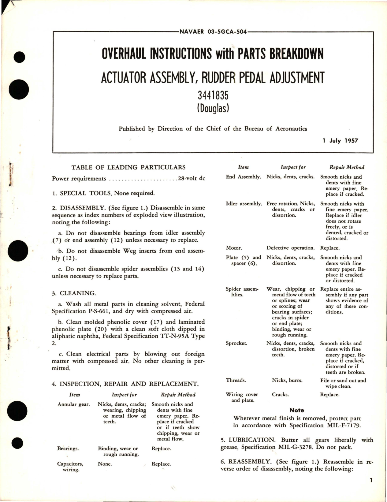 Sample page 1 from AirCorps Library document: Overhaul Instructions with Parts Breakdown for Rudder Pedal Adjustment Actuator Assembly - 3441835 