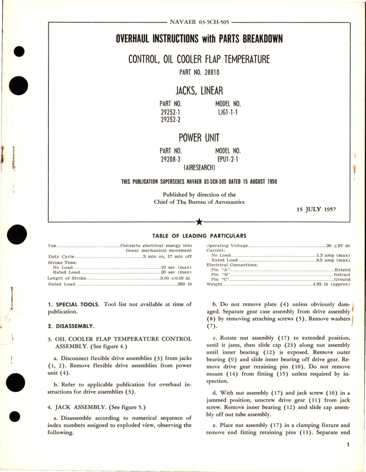 Sample page 1 from AirCorps Library document: Overhaul Instructions with Parts Breakdown for Oil Cooler Flap Temperature Control, Linear Jacks and Power Unit 