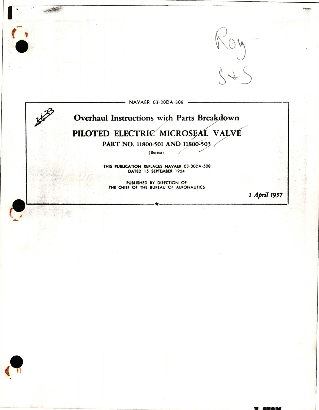 Sample page 1 from AirCorps Library document: Overhaul Instructions with Parts Breakdown for Piloted Electric Microseal Valve - Part 11800-501, 112800-503