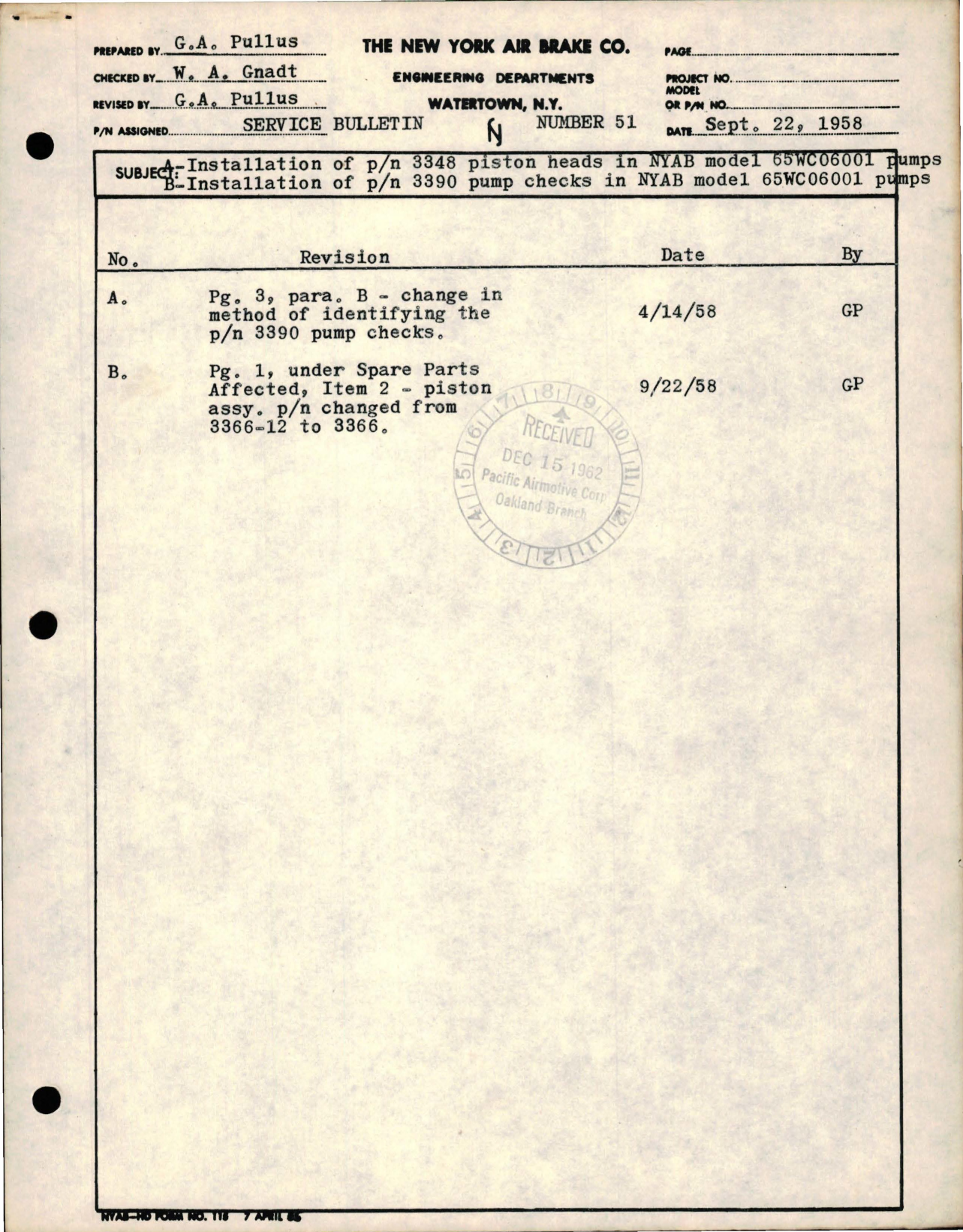 Sample page 1 from AirCorps Library document: Installation Piston Heads Part 3348 in Model 65WC06001, and Installation of Pump Check Part 3390 in Model 65WC06001 Pumps