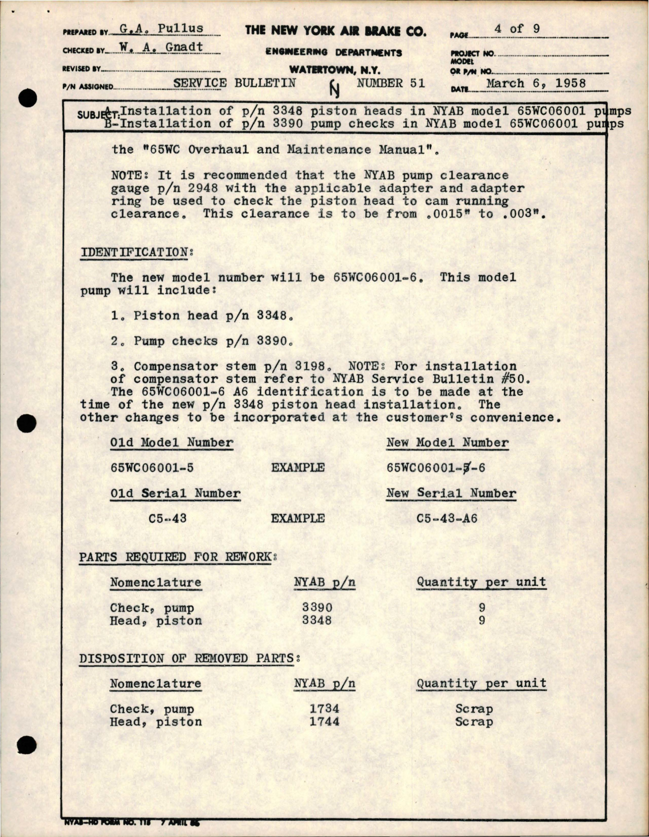 Sample page 5 from AirCorps Library document: Installation Piston Heads Part 3348 in Model 65WC06001, and Installation of Pump Check Part 3390 in Model 65WC06001 Pumps