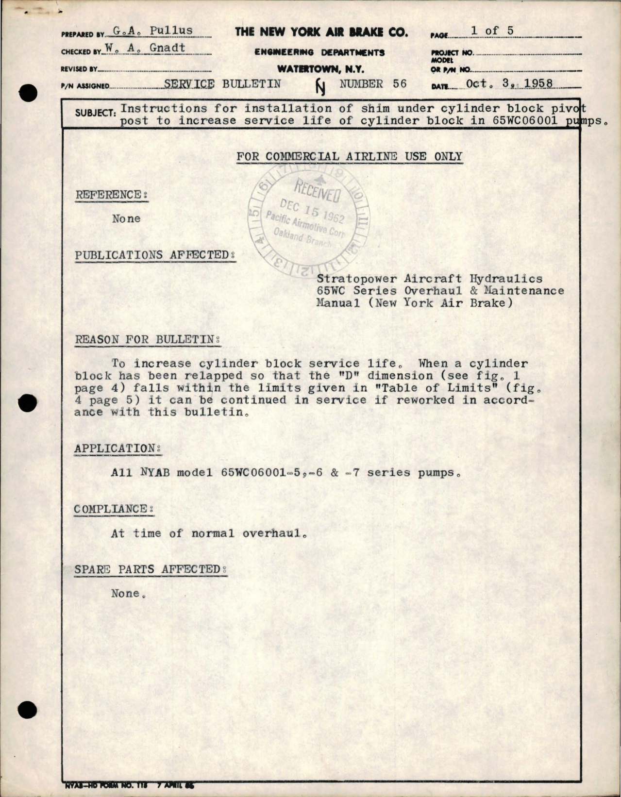 Sample page 1 from AirCorps Library document: Instructions for Installation of Shim Under Cylinder Block Pivot Post to Increase Service Life of Cylinder Block in 65WC06001 Pumps