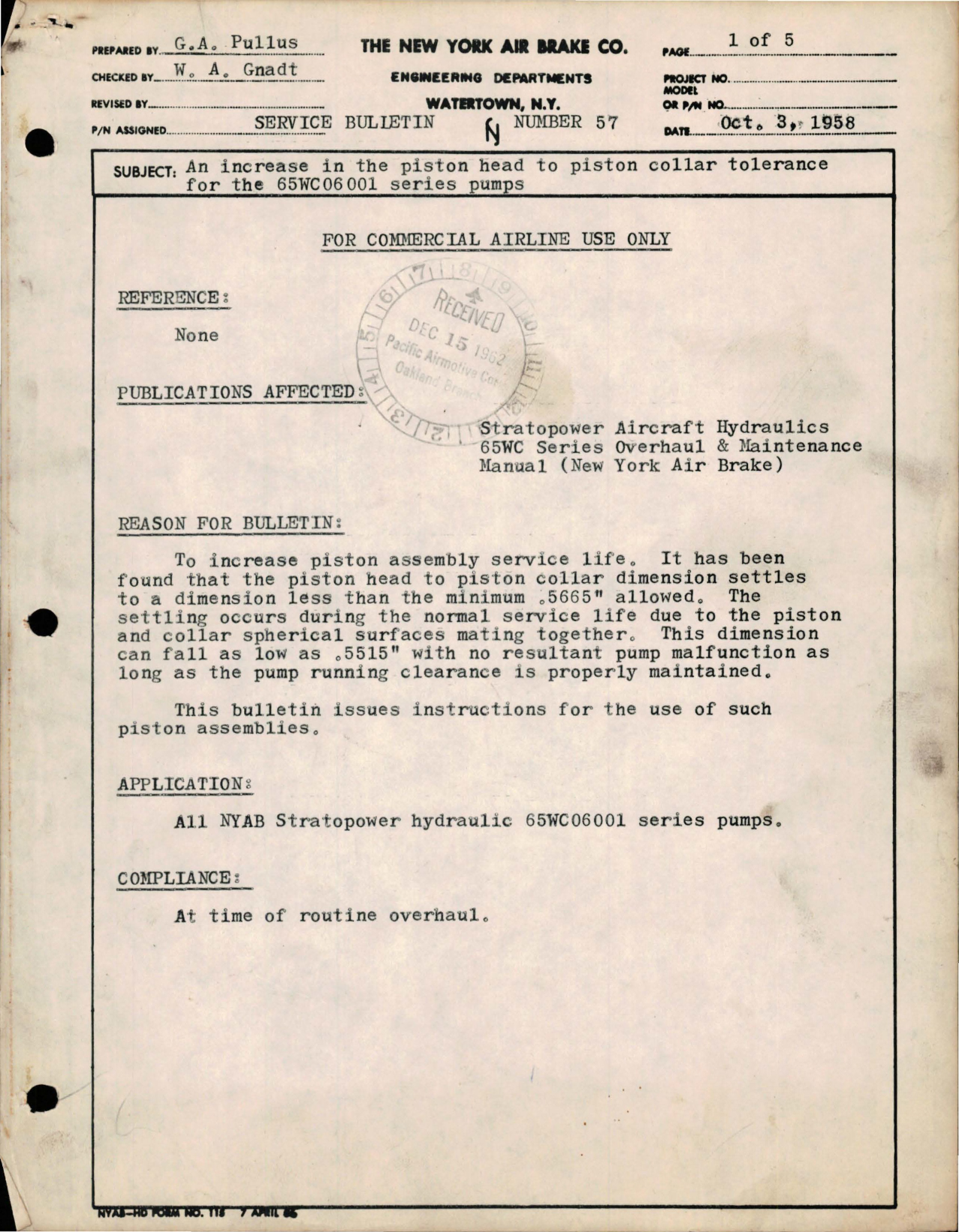 Sample page 1 from AirCorps Library document: Increase in the Piston Head to Piston Collar Tolerance for 65WC06001 Series Pump