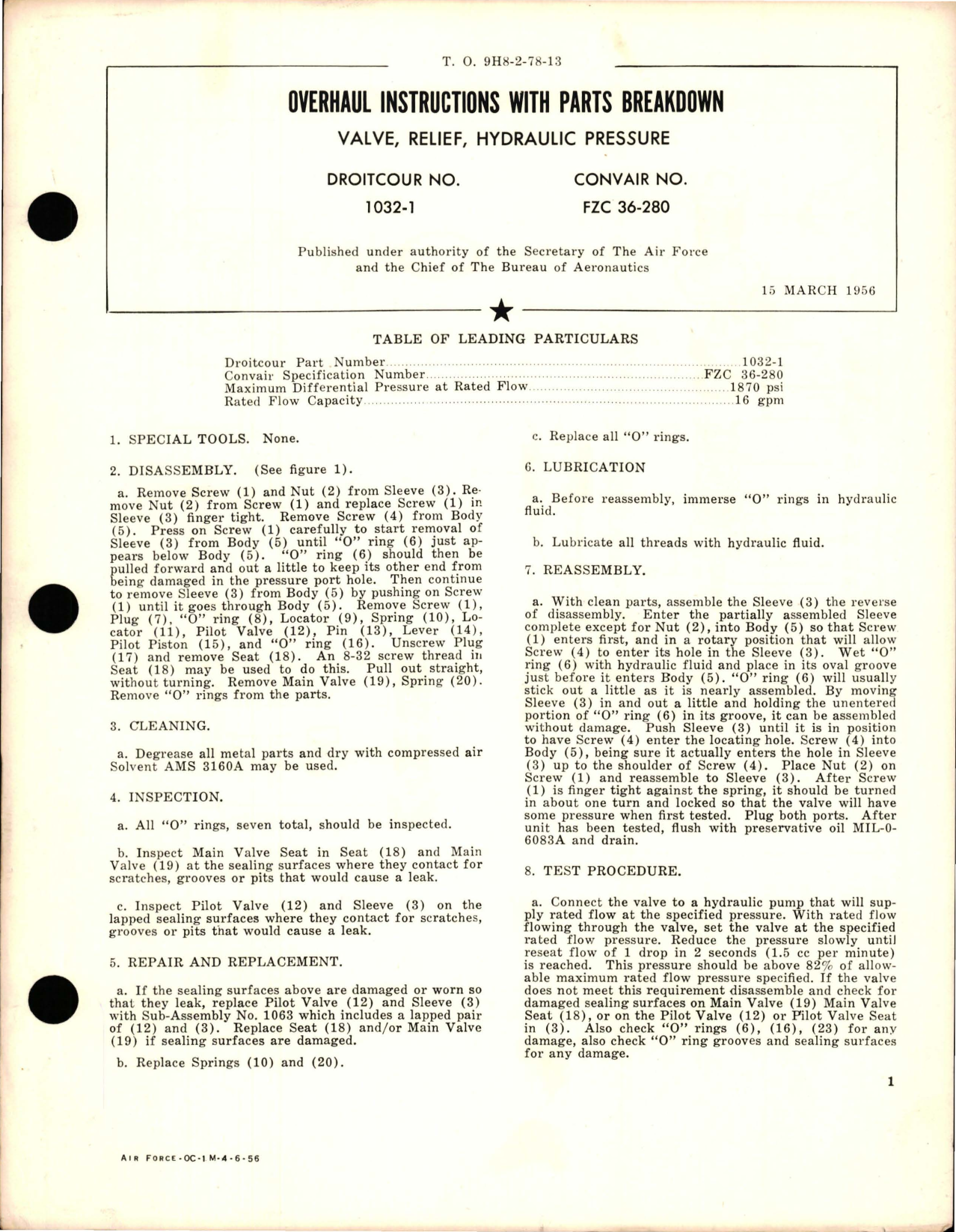 Sample page 1 from AirCorps Library document: Overhaul Instructions with Parts Breakdown for Hydraulic Pressure Relief Valve - 1032-1 and FZC 36-280