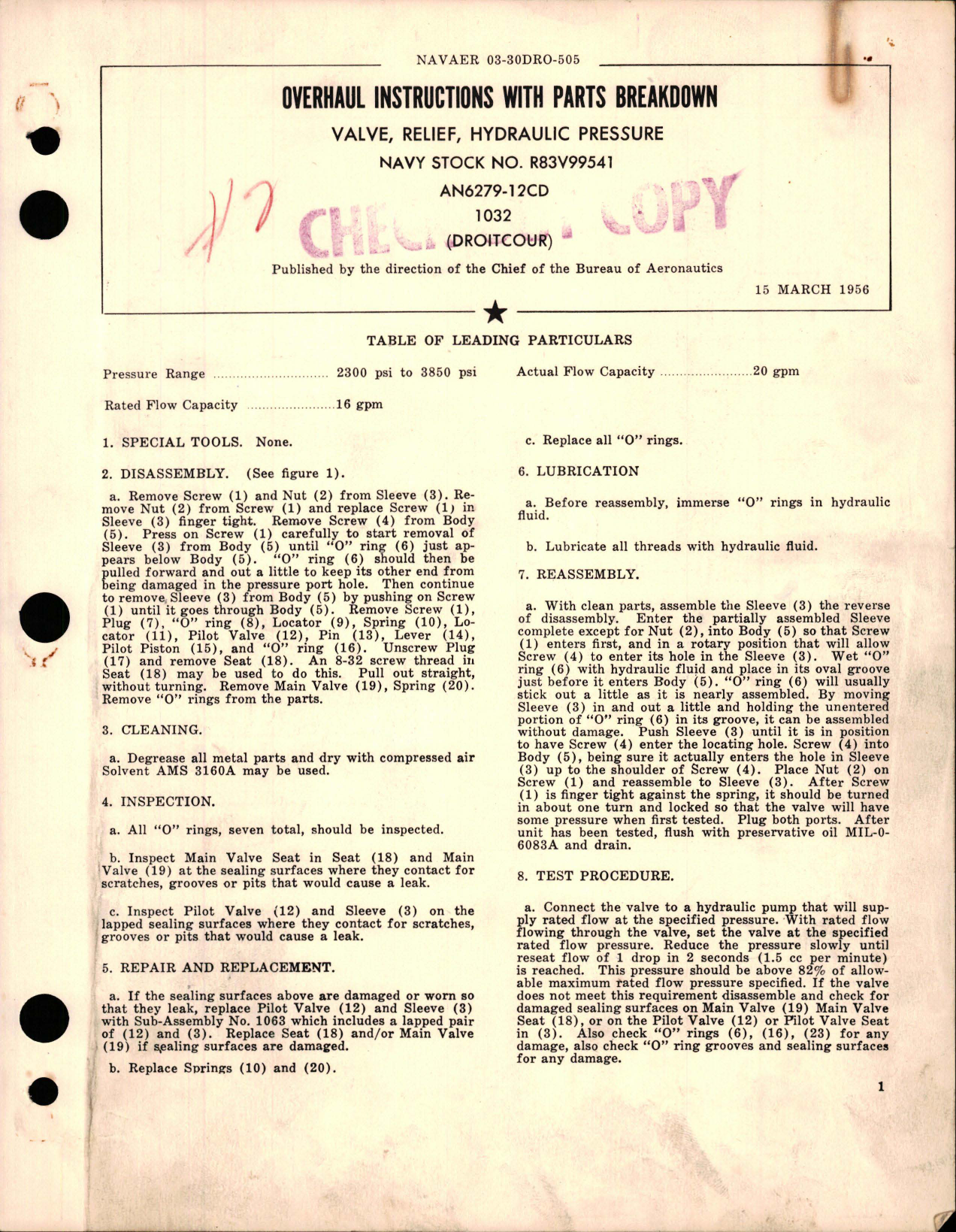 Sample page 1 from AirCorps Library document: Overhaul Instructions with Parts Breakdown for Hydraulic Pressure Relief Valve - AN6279-12CD and 1032