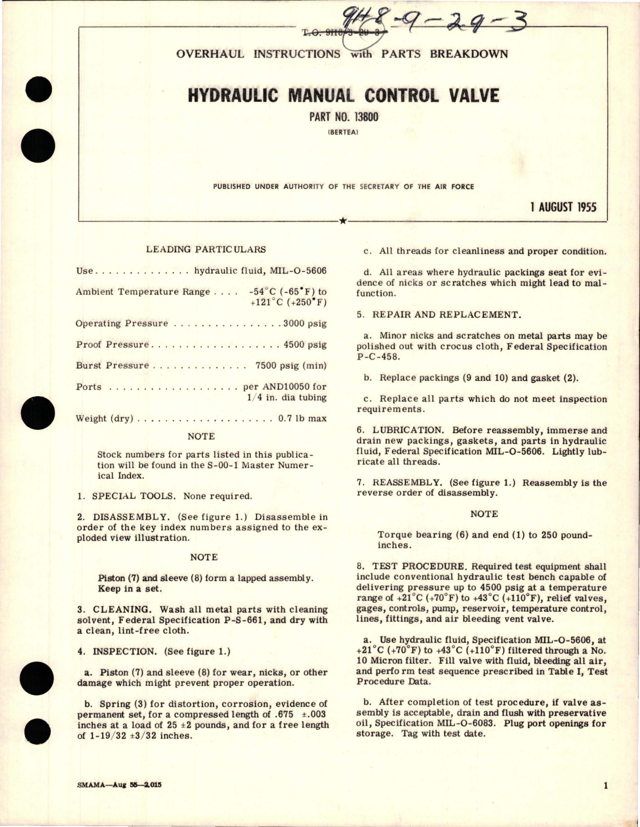 Sample page 1 from AirCorps Library document: Overhaul Instructions with Parts Breakdown for Hydraulic Manual Control Valve - Part 13800 