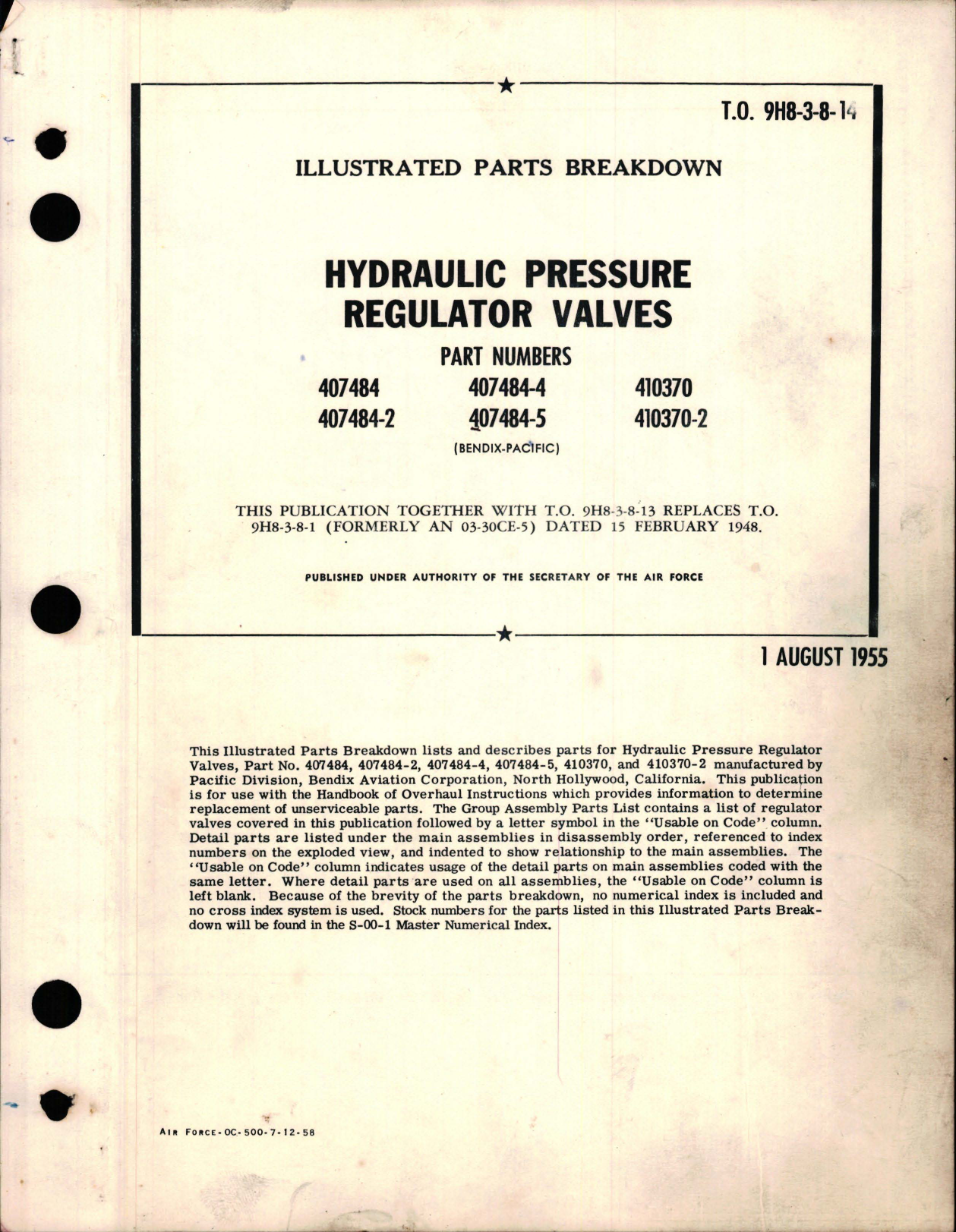 Sample page 1 from AirCorps Library document: Illustrated Parts Breakdown for Hydraulic Pressure Regulator Valves 