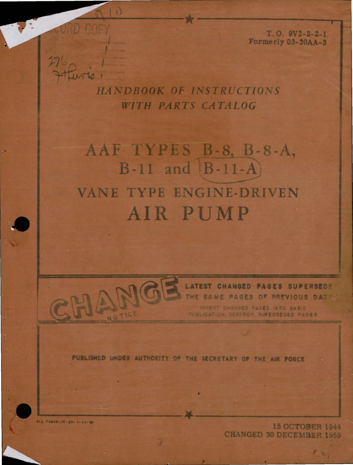 Sample page 1 from AirCorps Library document: Instructions with Parts Catalog for Vane Type Engine Driven Air Pump - Types B-8, B-8-A, B-11, and B-11-A